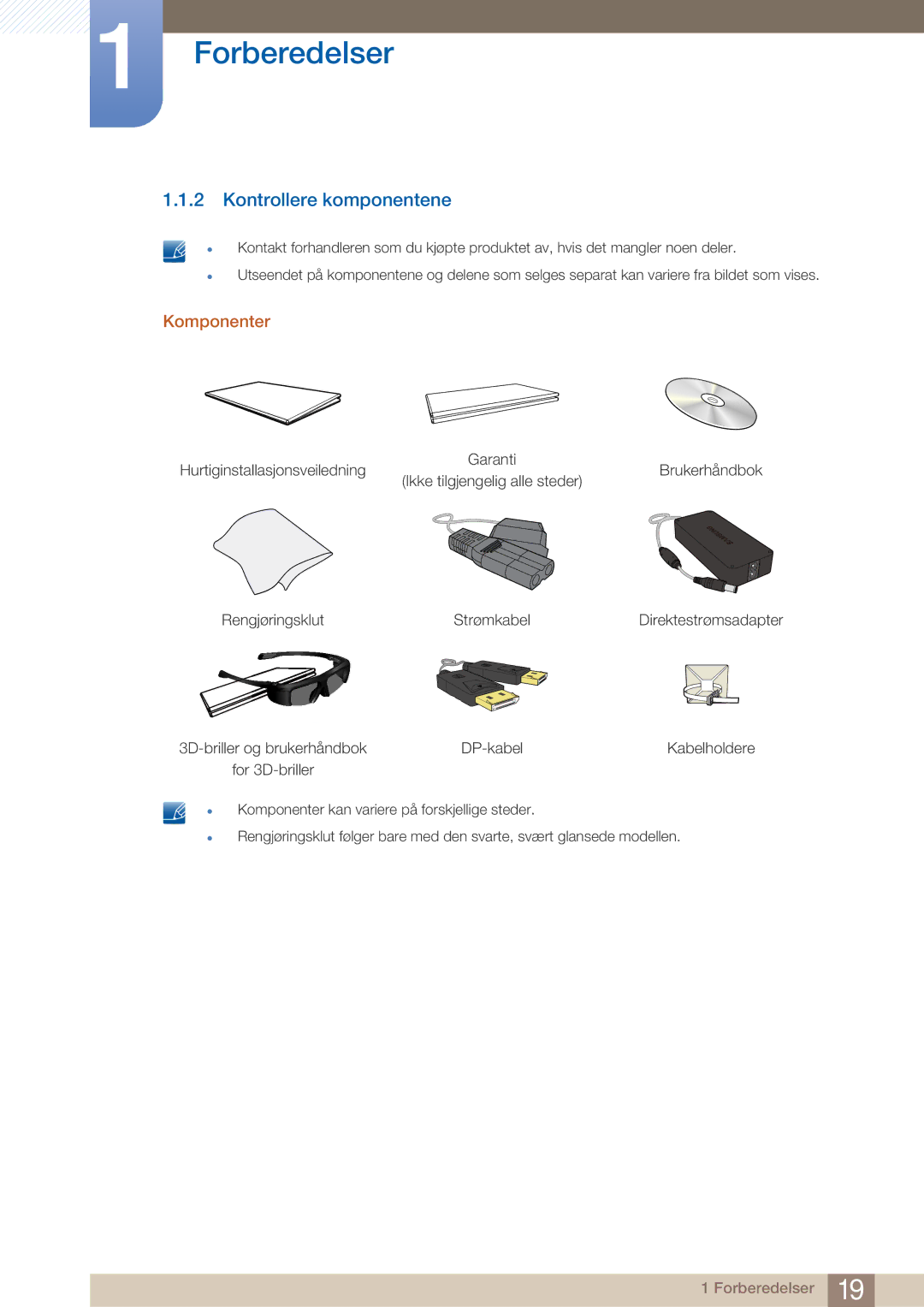 Samsung LS27A750DS/EN, LS23A750DS/EN manual Kontrollere komponentene, Komponenter 