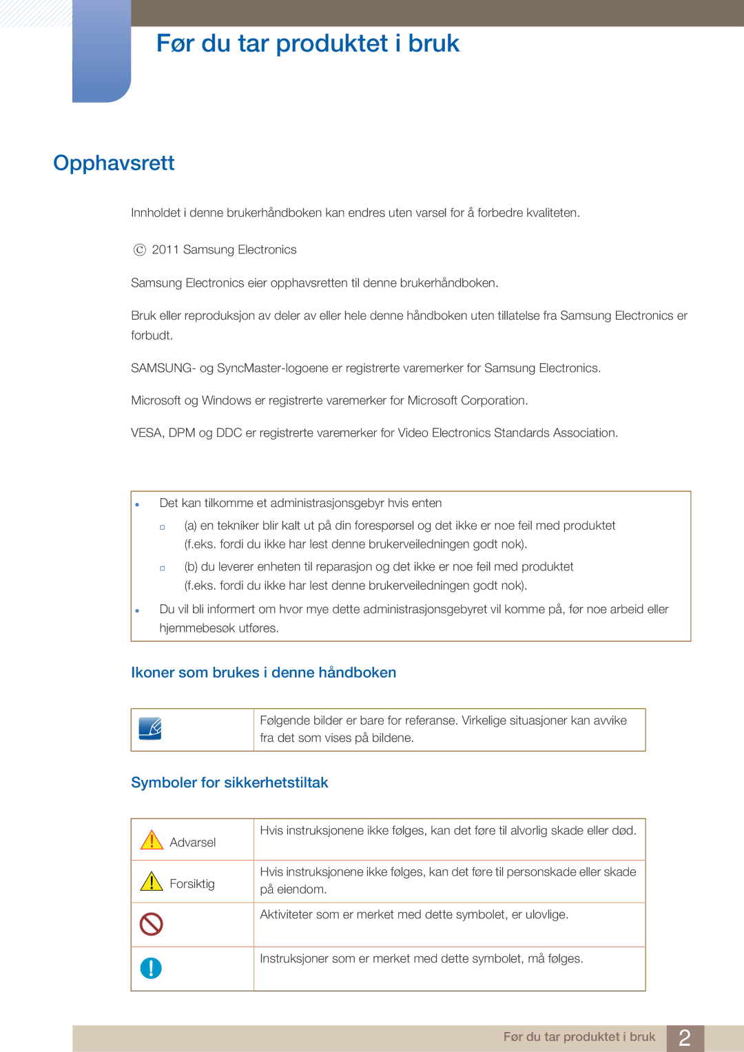 Samsung LS23A750DS/EN, LS27A750DS/EN manual Før du tar produktet i bruk, Opphavsrett, Ikoner som brukes i denne håndboken 