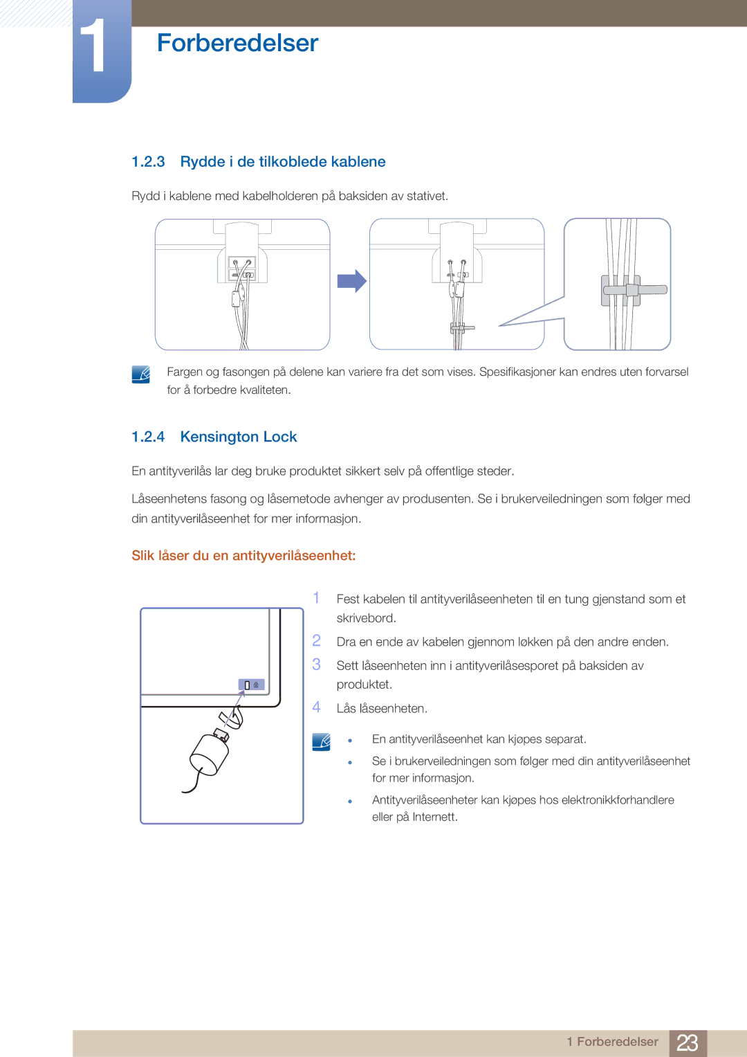 Samsung LS27A750DS/EN, LS23A750DS/EN Rydde i de tilkoblede kablene, Kensington Lock, Slik låser du en antityverilåseenhet 