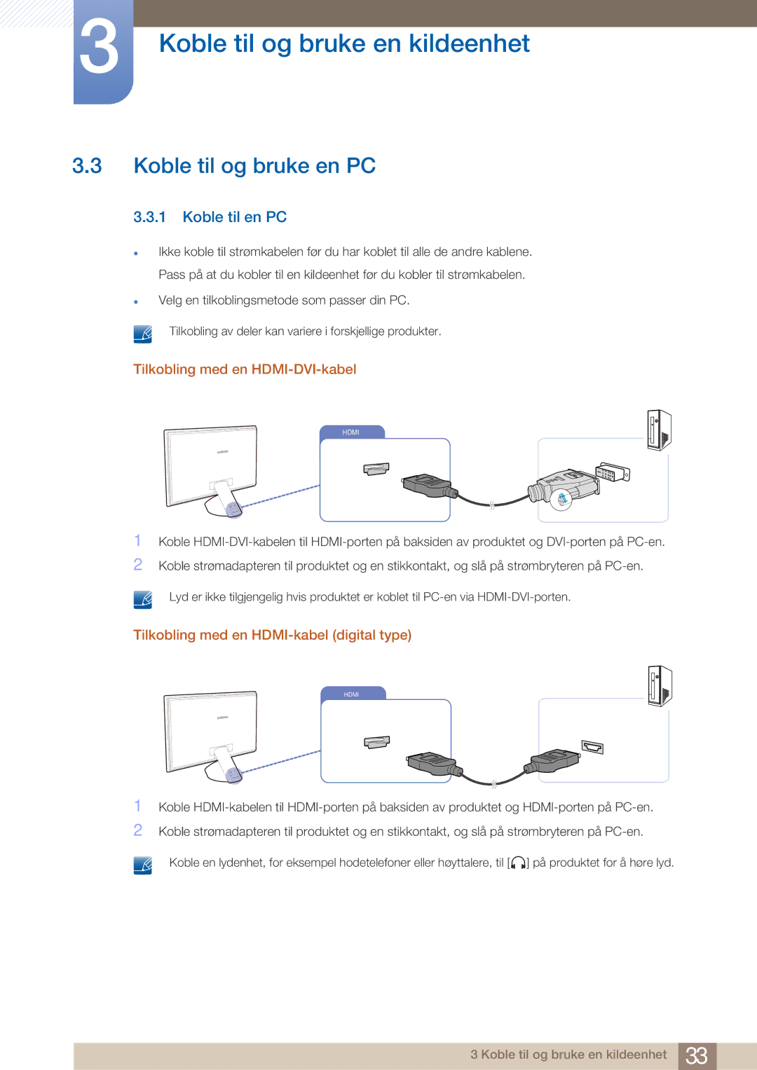 Samsung LS27A750DS/EN, LS23A750DS/EN manual Koble til og bruke en PC, Koble til en PC, Tilkobling med en HDMI-DVI-kabel 