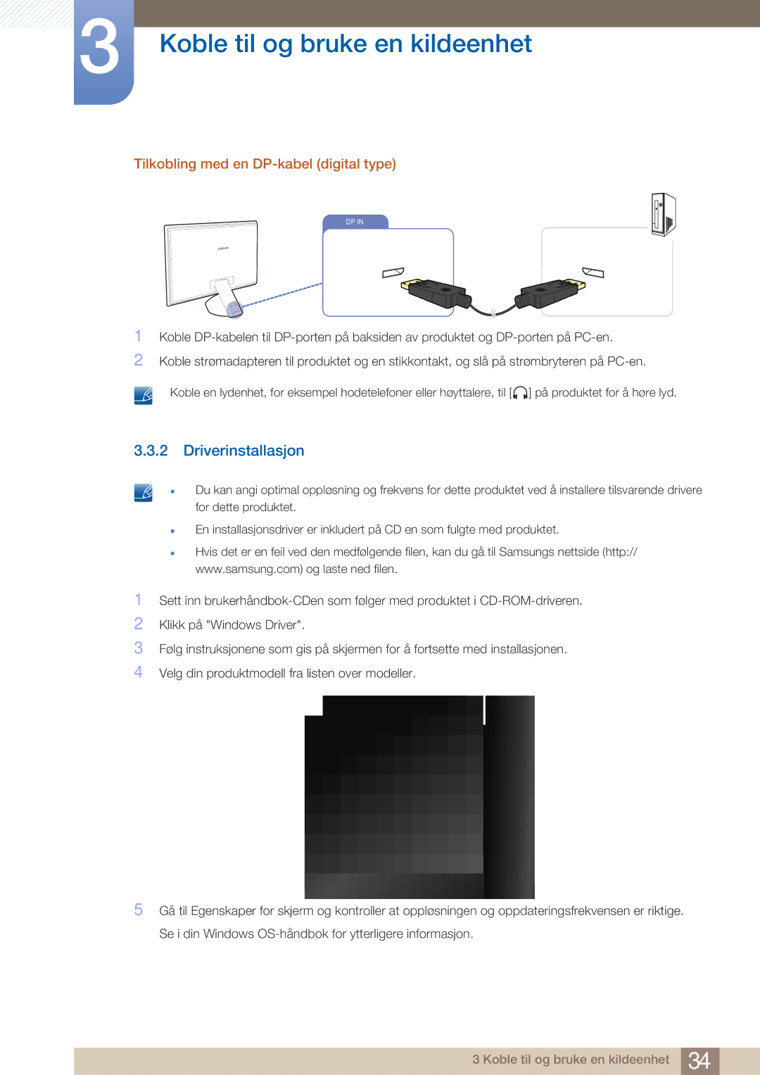 Samsung LS23A750DS/EN, LS27A750DS/EN manual Driverinstallasjon, Tilkobling med en DP-kabel digital type 