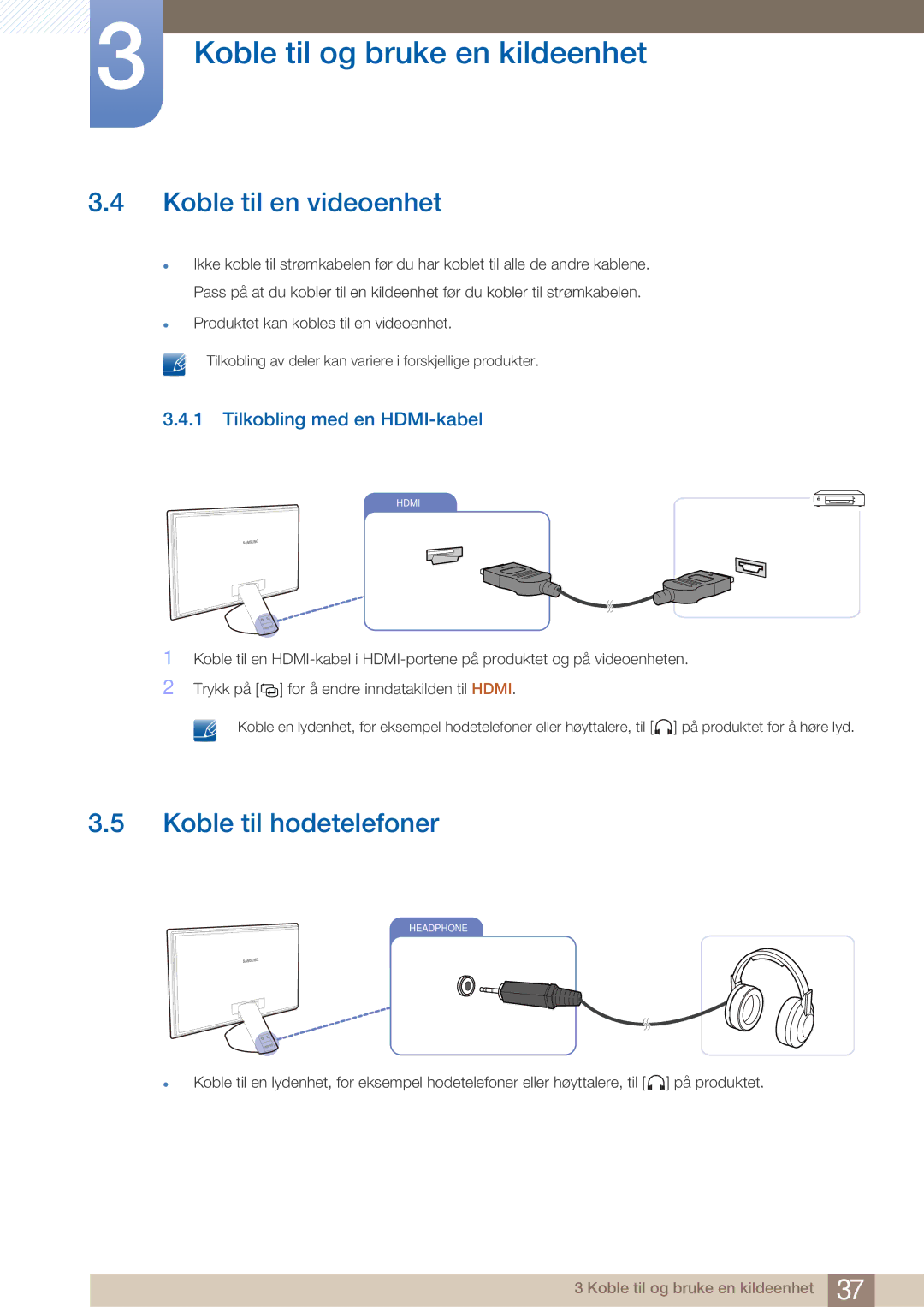 Samsung LS27A750DS/EN, LS23A750DS/EN manual Koble til en videoenhet, Koble til hodetelefoner, Tilkobling med en HDMI-kabel 