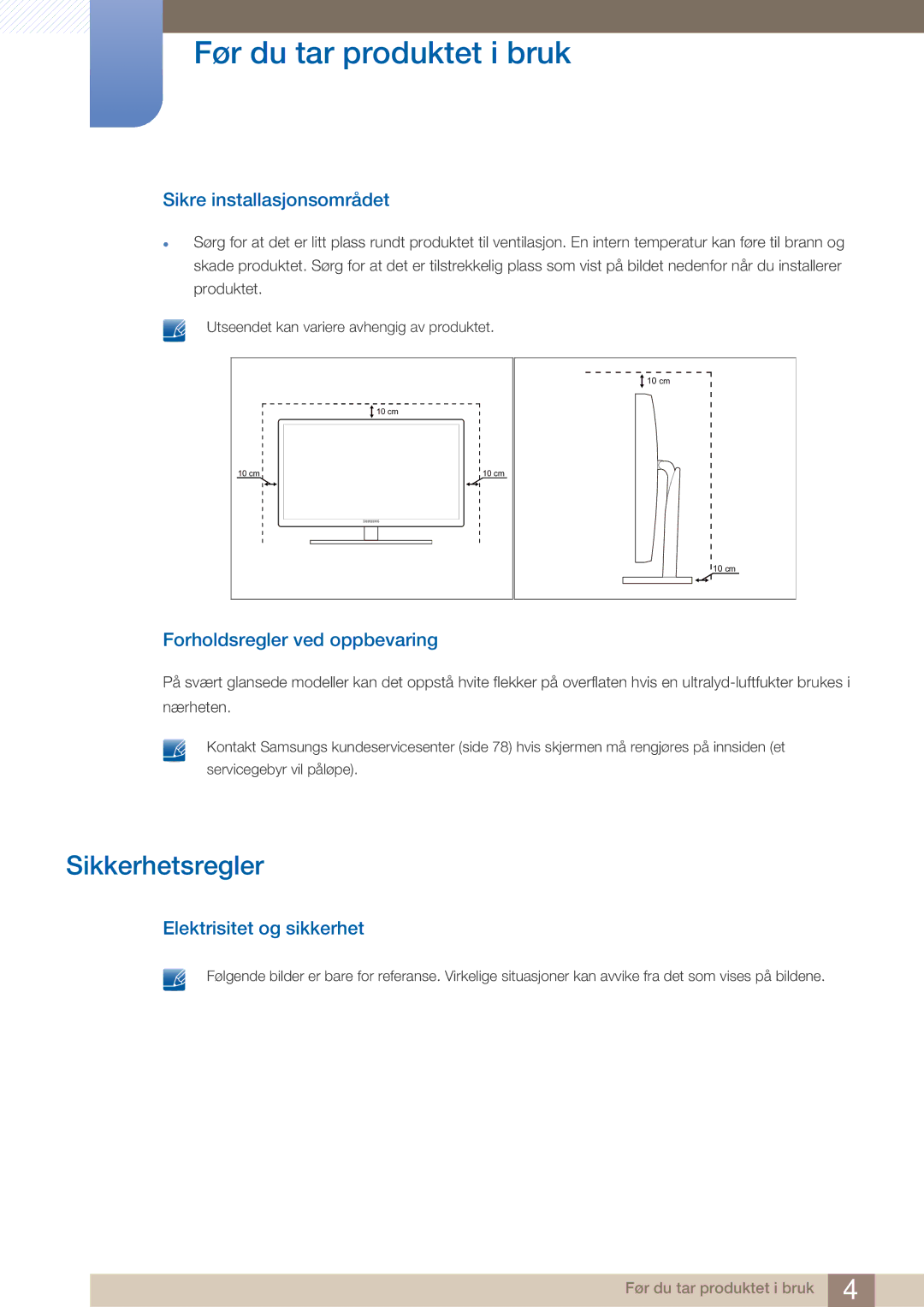 Samsung LS23A750DS/EN, LS27A750DS/EN manual Sikkerhetsregler, Sikre installasjonsområdet, Forholdsregler ved oppbevaring 