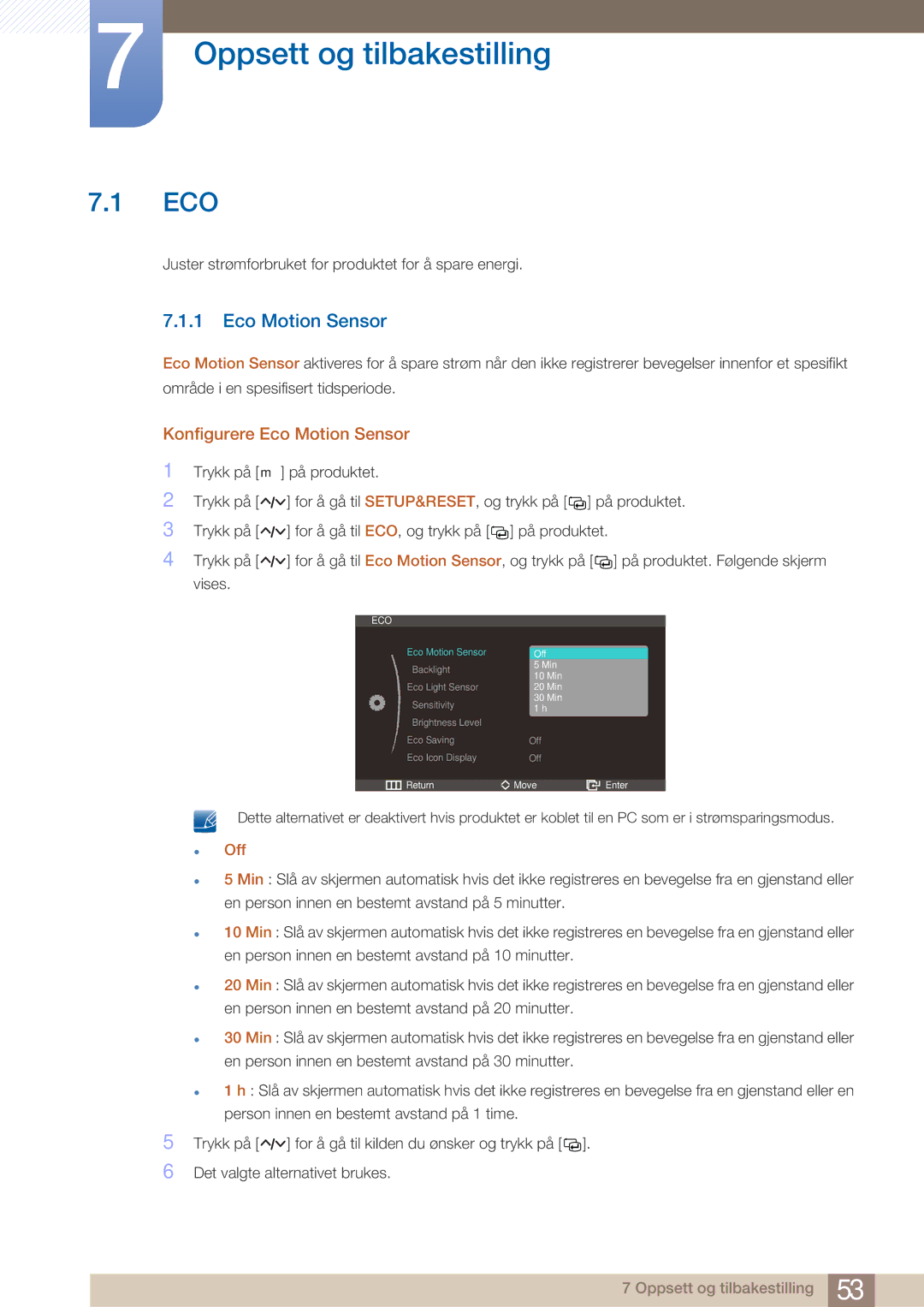 Samsung LS27A750DS/EN, LS23A750DS/EN manual Oppsett og tilbakestilling, Konfigurere Eco Motion Sensor 