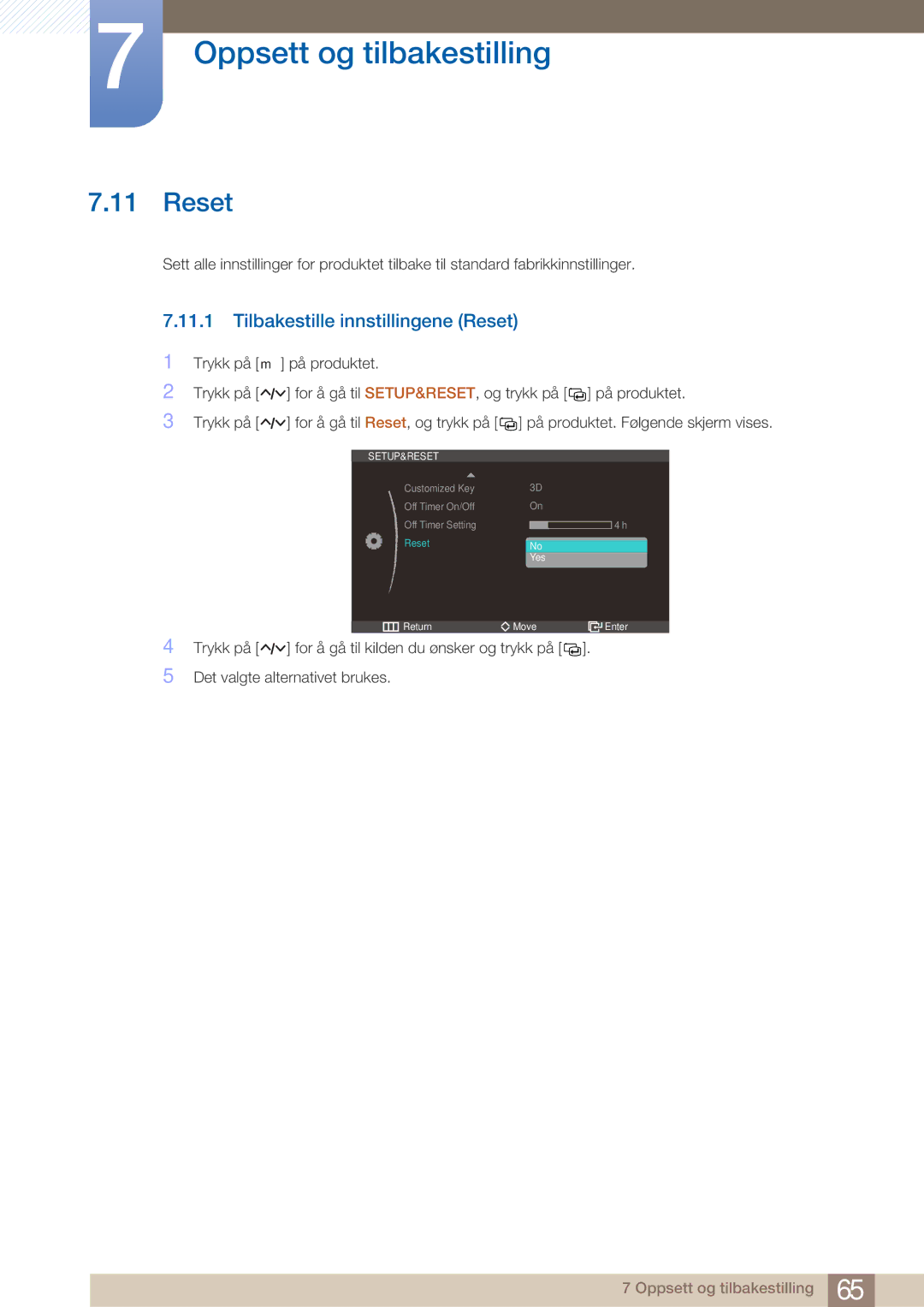 Samsung LS27A750DS/EN, LS23A750DS/EN manual Tilbakestille innstillingene Reset 