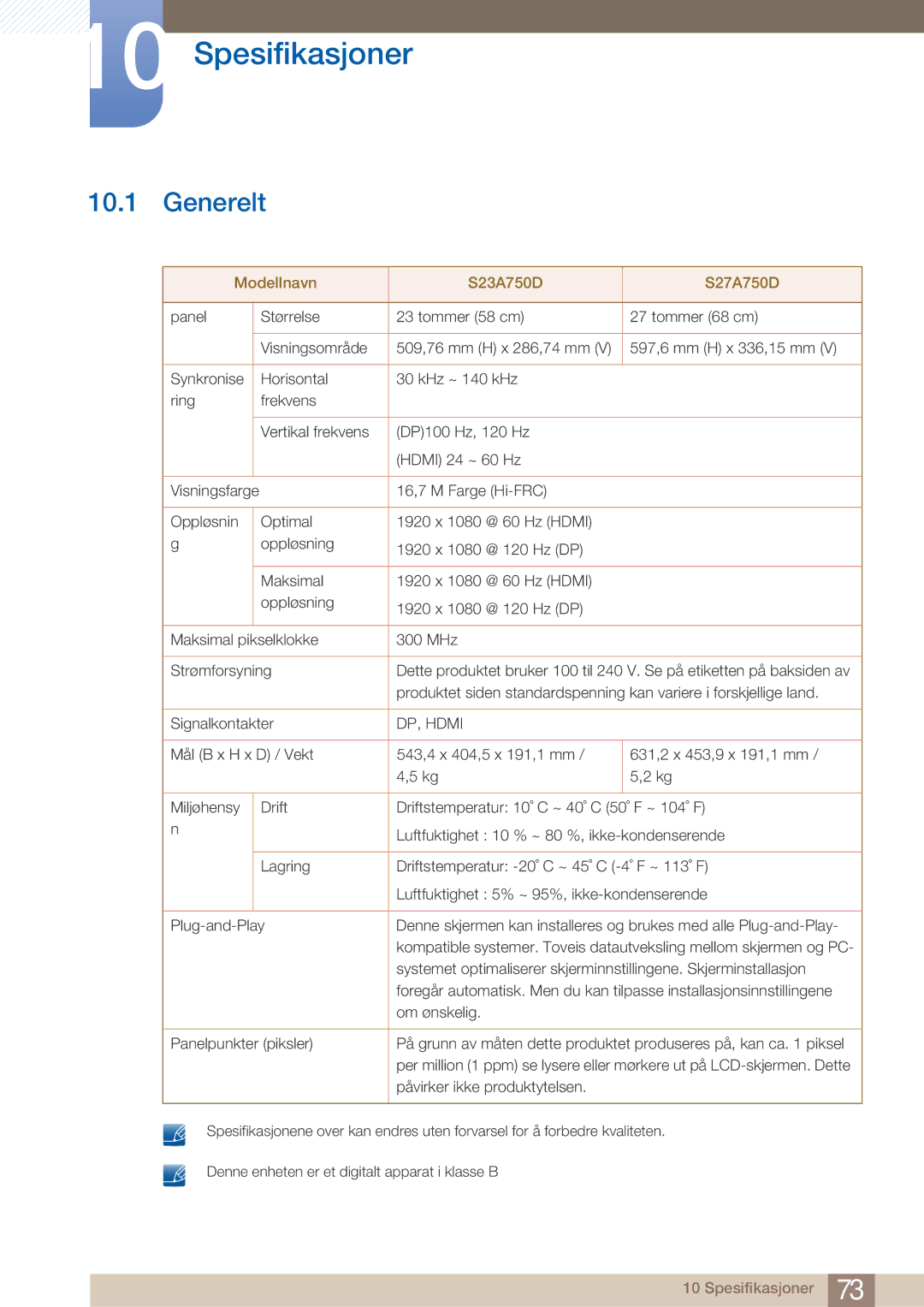 Samsung LS27A750DS/EN, LS23A750DS/EN manual Spesifikasjoner, Generelt 