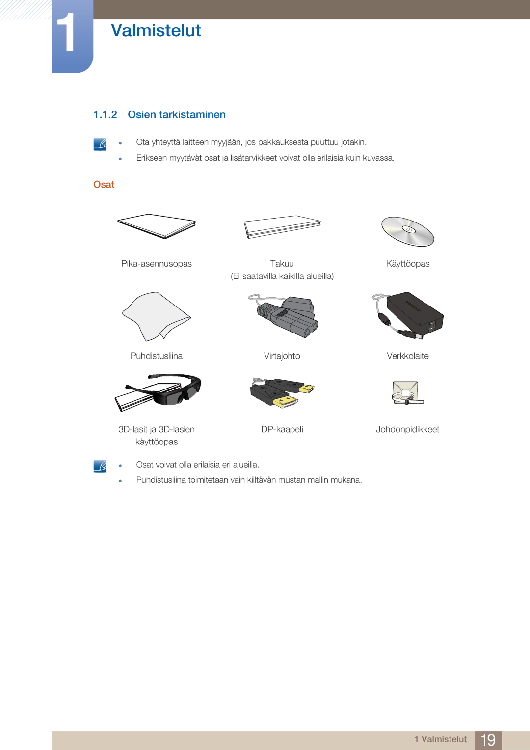 Samsung LS27A750DS/EN, LS23A750DS/EN manual Osien tarkistaminen, Osat 