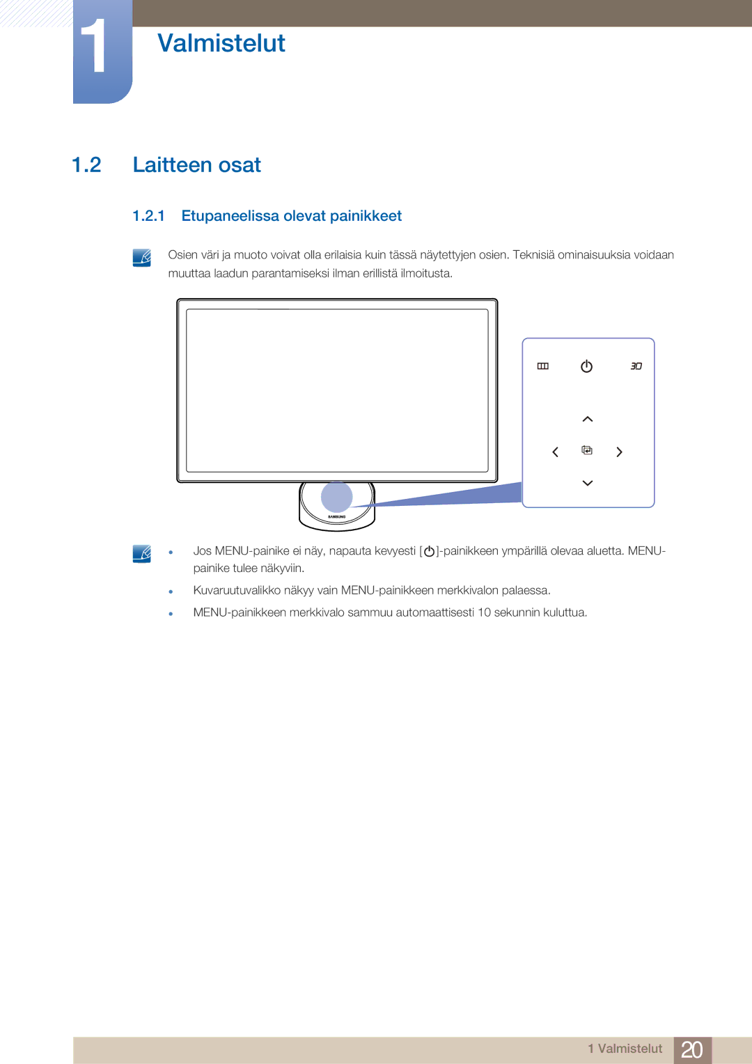 Samsung LS23A750DS/EN, LS27A750DS/EN manual Laitteen osat, Etupaneelissa olevat painikkeet 