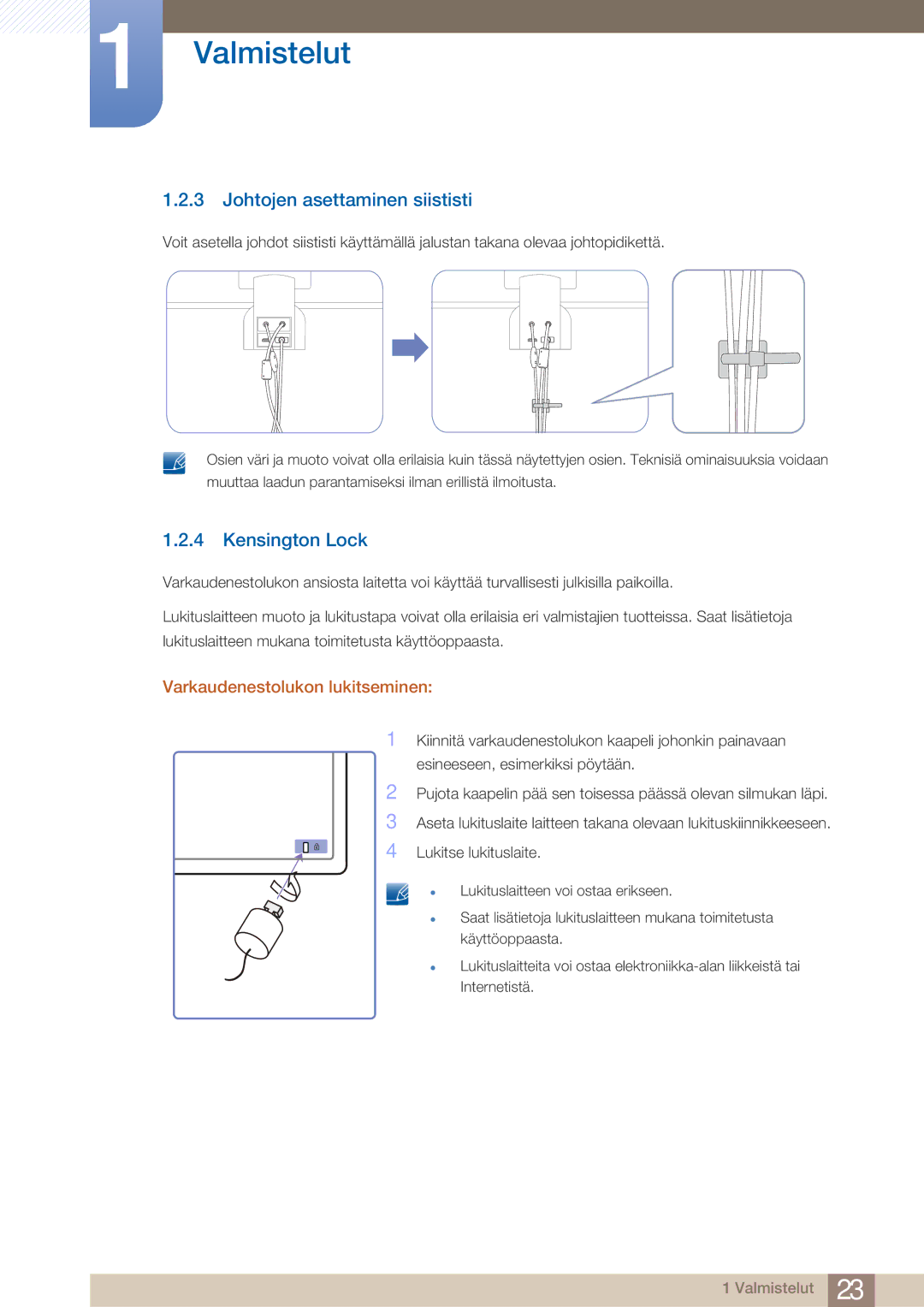 Samsung LS27A750DS/EN, LS23A750DS/EN manual Johtojen asettaminen siististi, Kensington Lock, Varkaudenestolukon lukitseminen 