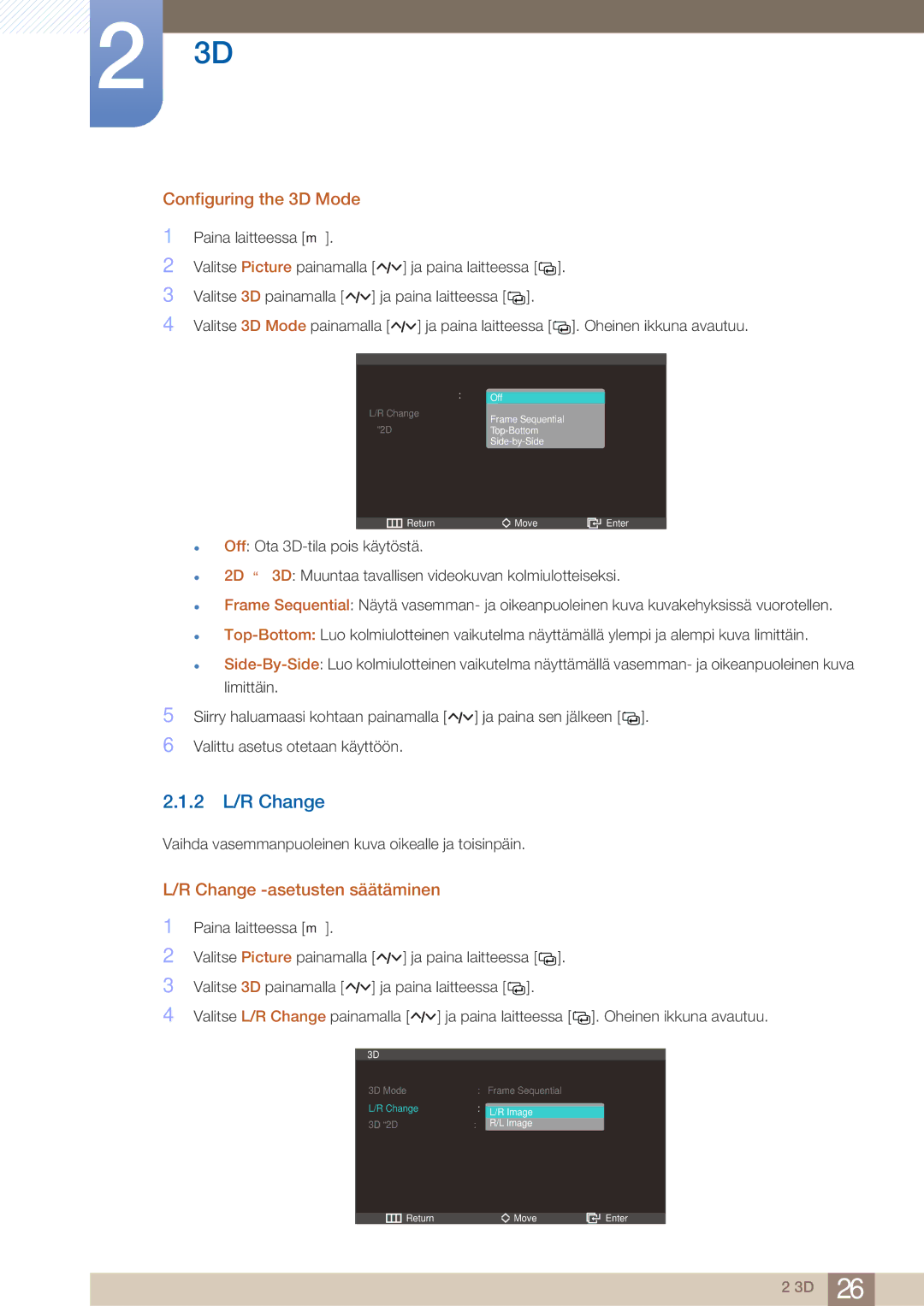 Samsung LS23A750DS/EN, LS27A750DS/EN manual 2 L/R Change, Configuring the 3D Mode, Change -asetusten säätäminen 