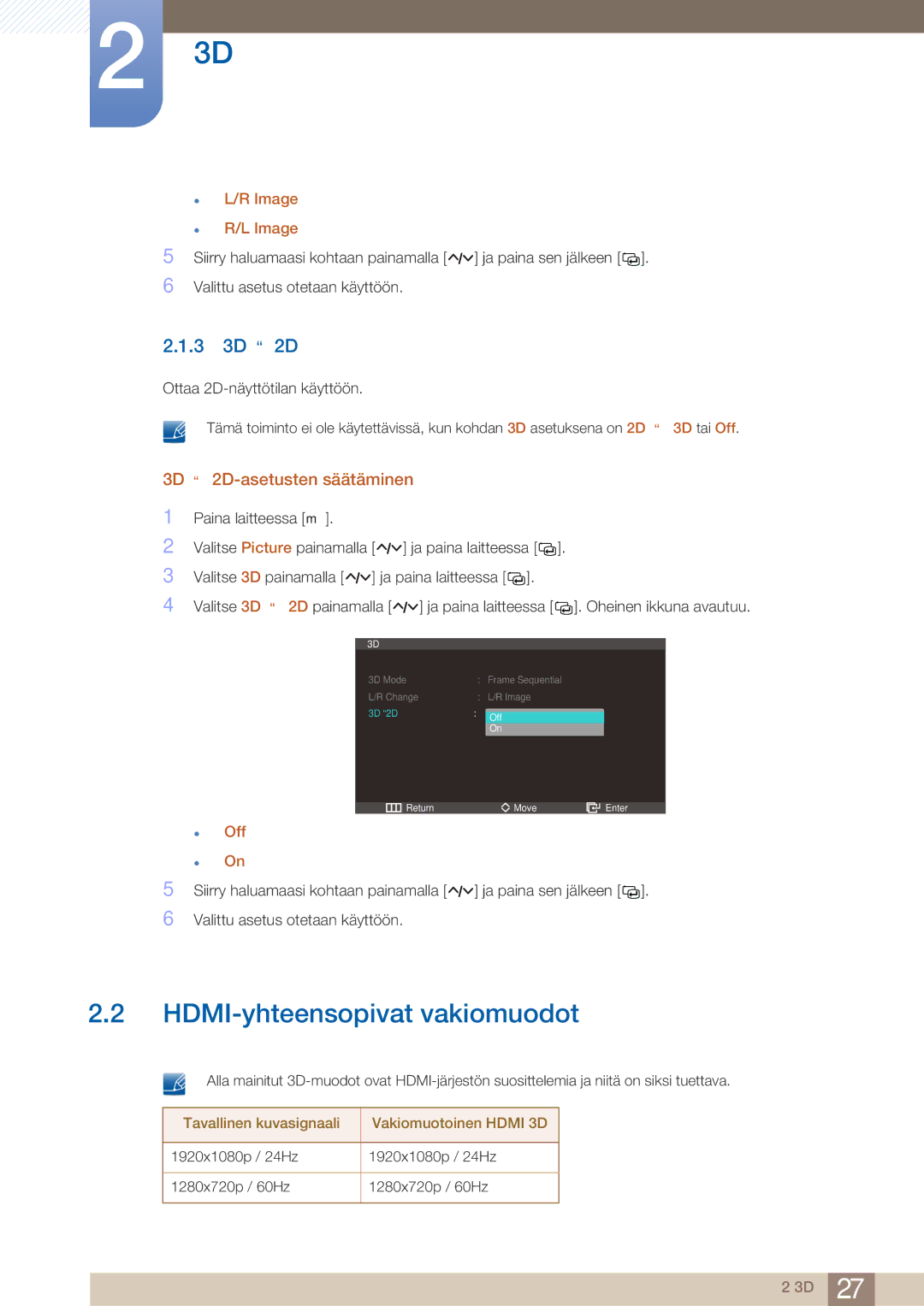 Samsung LS27A750DS/EN, LS23A750DS/EN manual HDMI-yhteensopivat vakiomuodot, 3 3D → 2D, 3D → 2D-asetusten säätäminen 