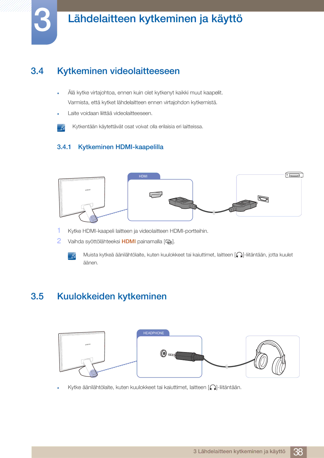 Samsung LS23A750DS/EN, LS27A750DS/EN manual Kytkeminen videolaitteeseen, Kuulokkeiden kytkeminen, Kytkeminen HDMI-kaapelilla 