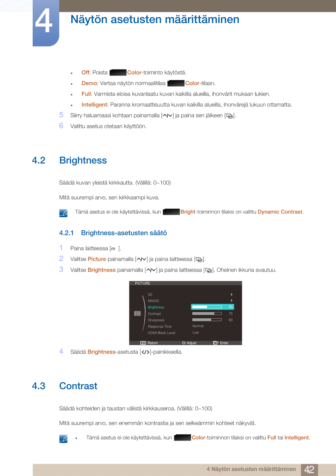 Samsung LS23A750DS/EN, LS27A750DS/EN manual Contrast, Brightness-asetusten säätö 