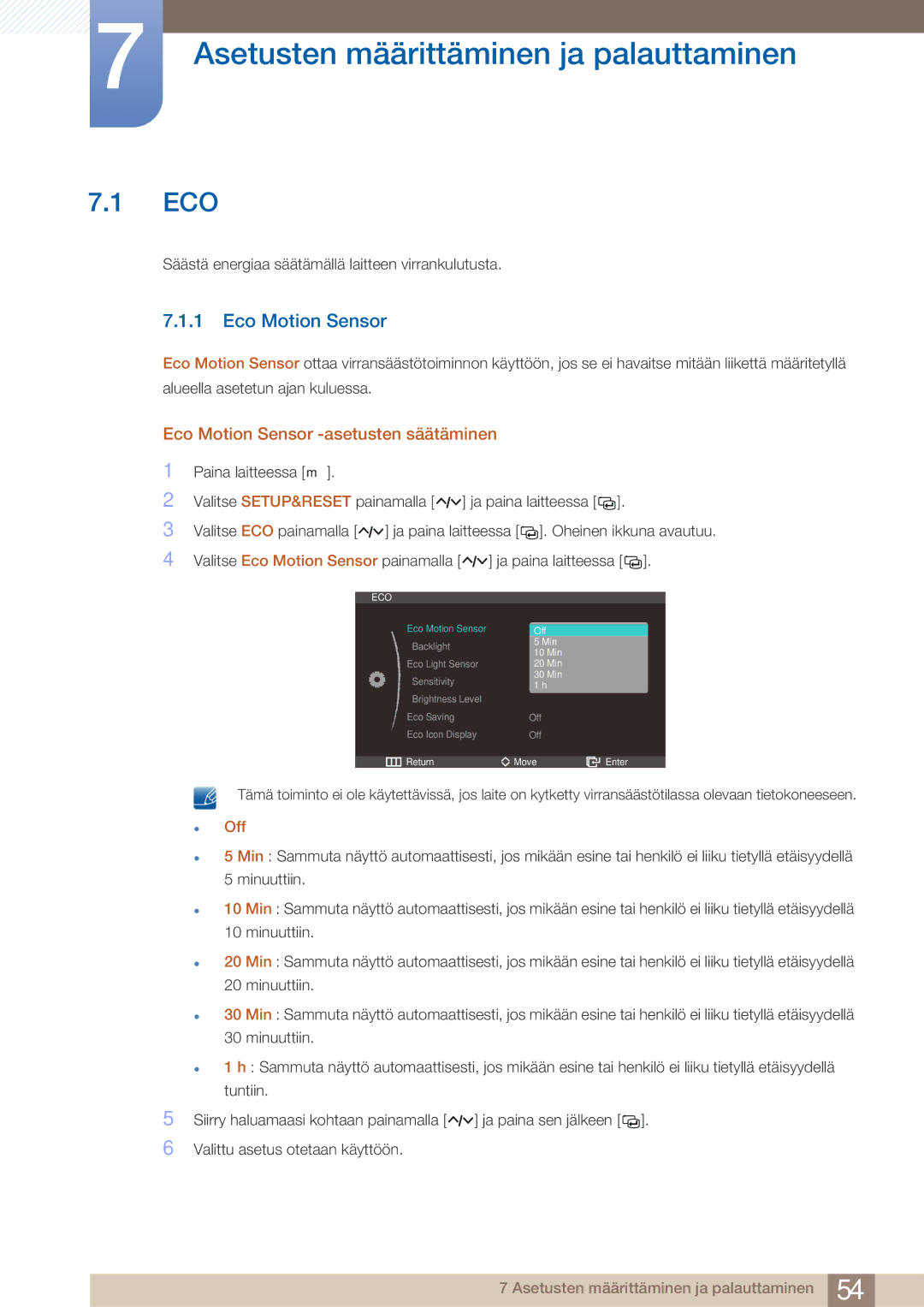 Samsung LS23A750DS/EN, LS27A750DS/EN manual Asetusten määrittäminen ja palauttaminen, Eco Motion Sensor 