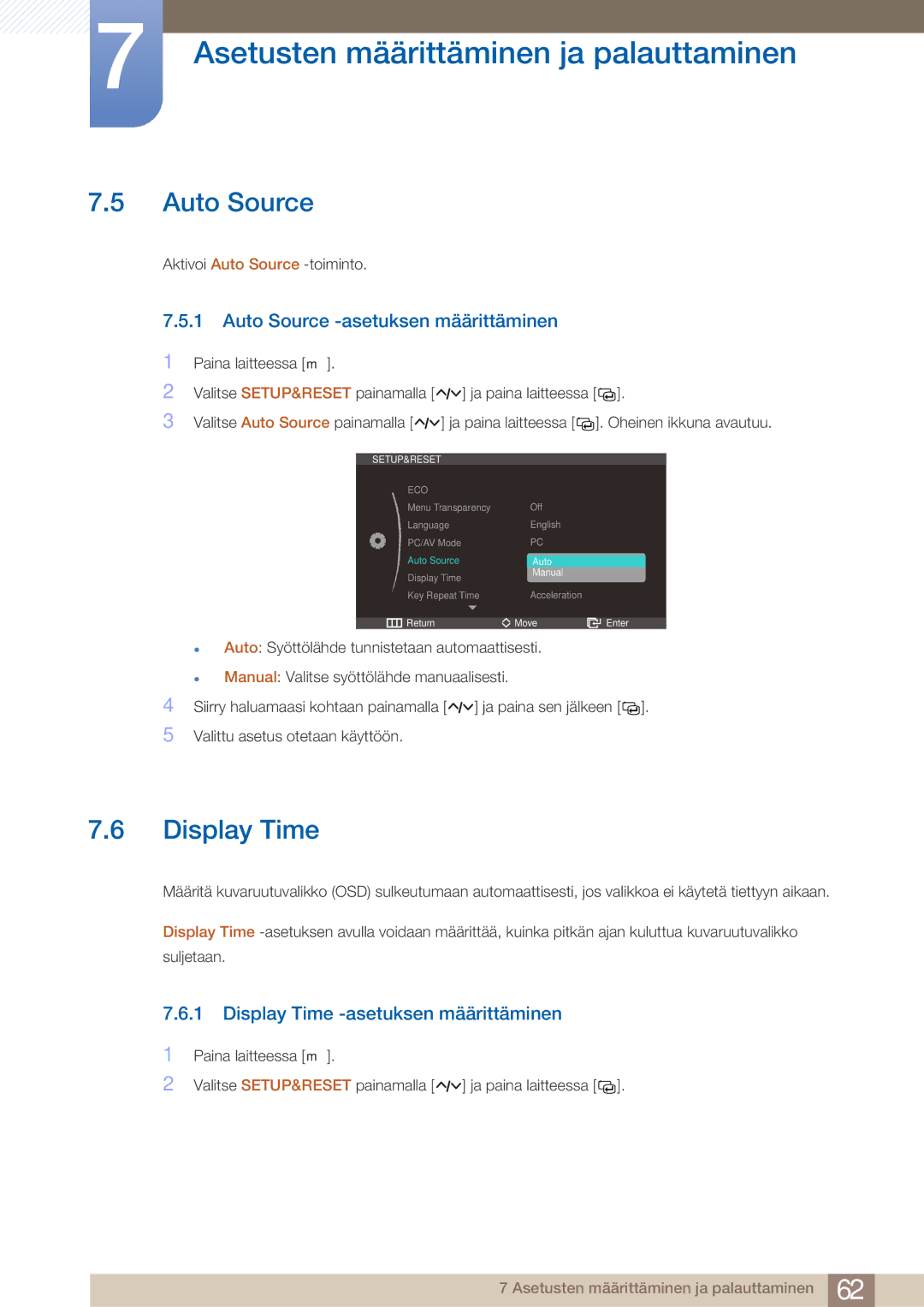 Samsung LS23A750DS/EN, LS27A750DS/EN Auto Source -asetuksen määrittäminen, Display Time -asetuksen määrittäminen 