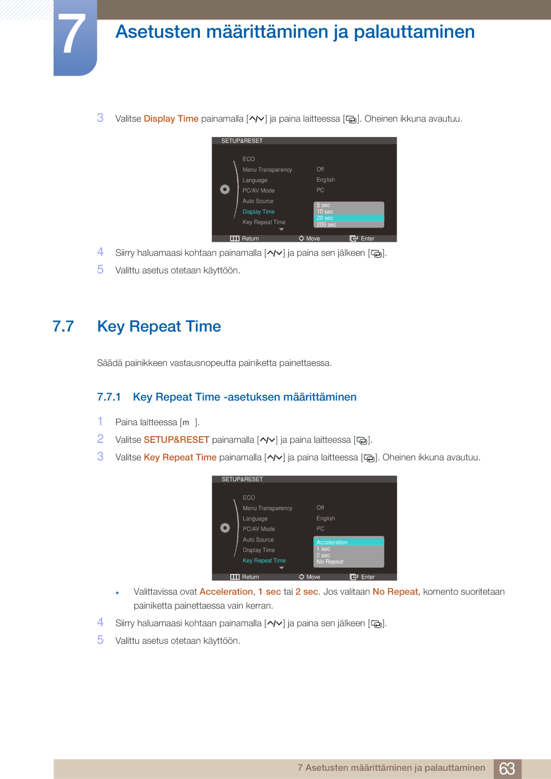 Samsung LS27A750DS/EN, LS23A750DS/EN manual Key Repeat Time -asetuksen määrittäminen 