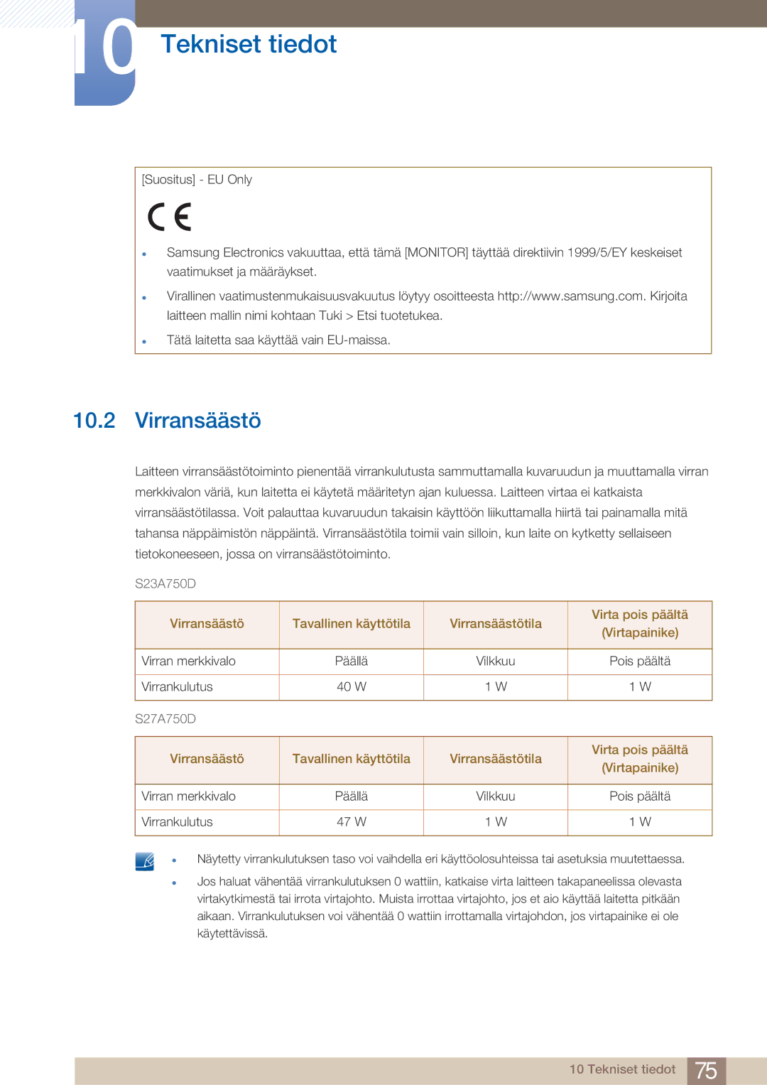 Samsung LS27A750DS/EN, LS23A750DS/EN manual Virransäästö 