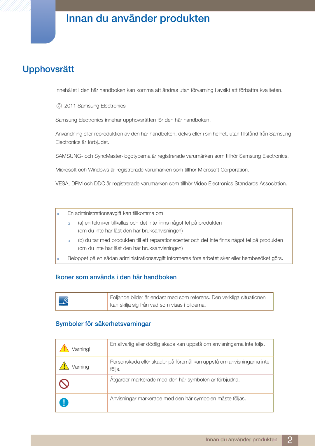 Samsung LS23A750DS/EN, LS27A750DS/EN manual Innan du använder produkten, Upphovsrätt, Ikoner som används i den här handboken 