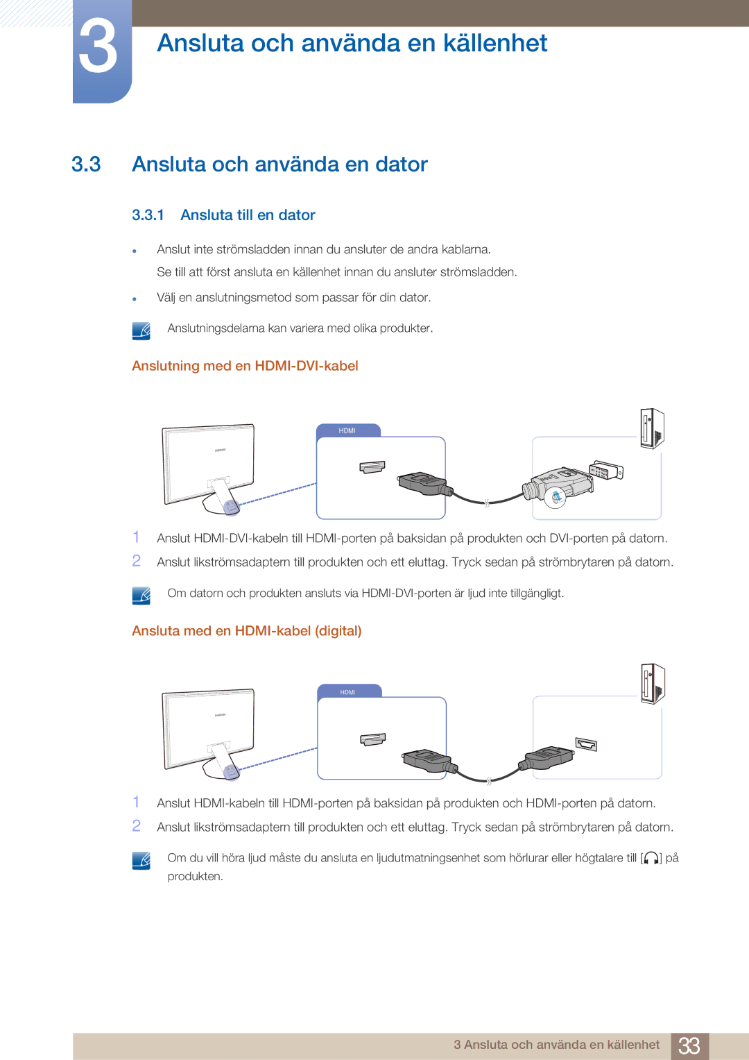 Samsung LS27A750DS/EN, LS23A750DS/EN Ansluta och använda en dator, Ansluta till en dator, Anslutning med en HDMI-DVI-kabel 