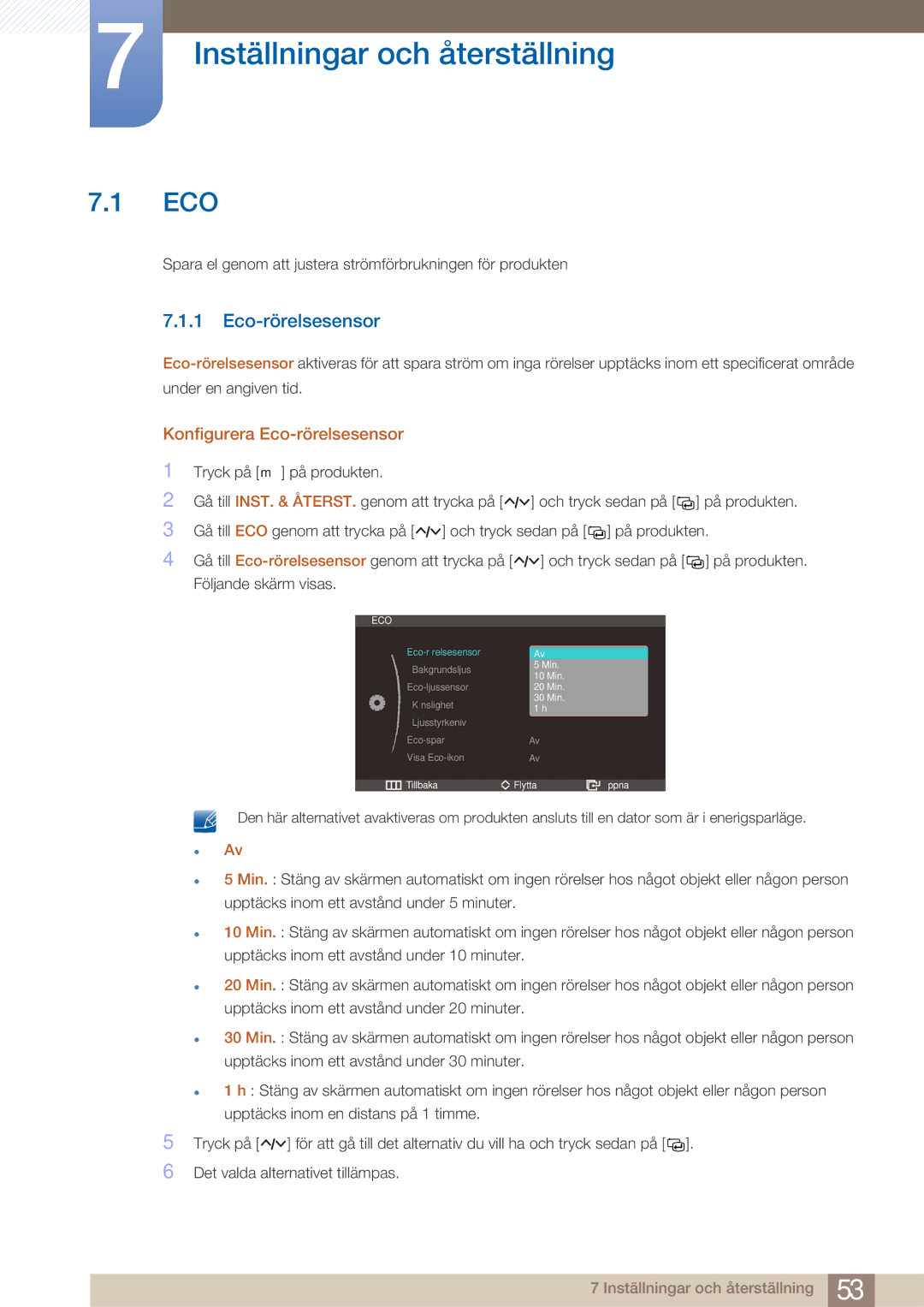 Samsung LS27A750DS/EN, LS23A750DS/EN manual Inställningar och återställning, Konfigurera Eco-rörelsesensor 