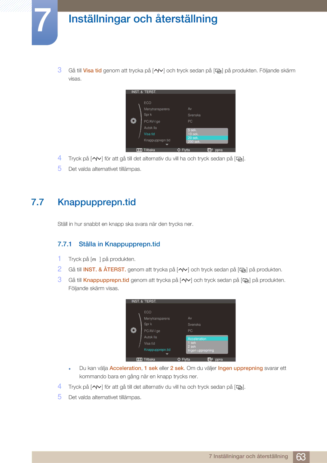 Samsung LS27A750DS/EN, LS23A750DS/EN manual 1 Ställa in Knappupprepn.tid 