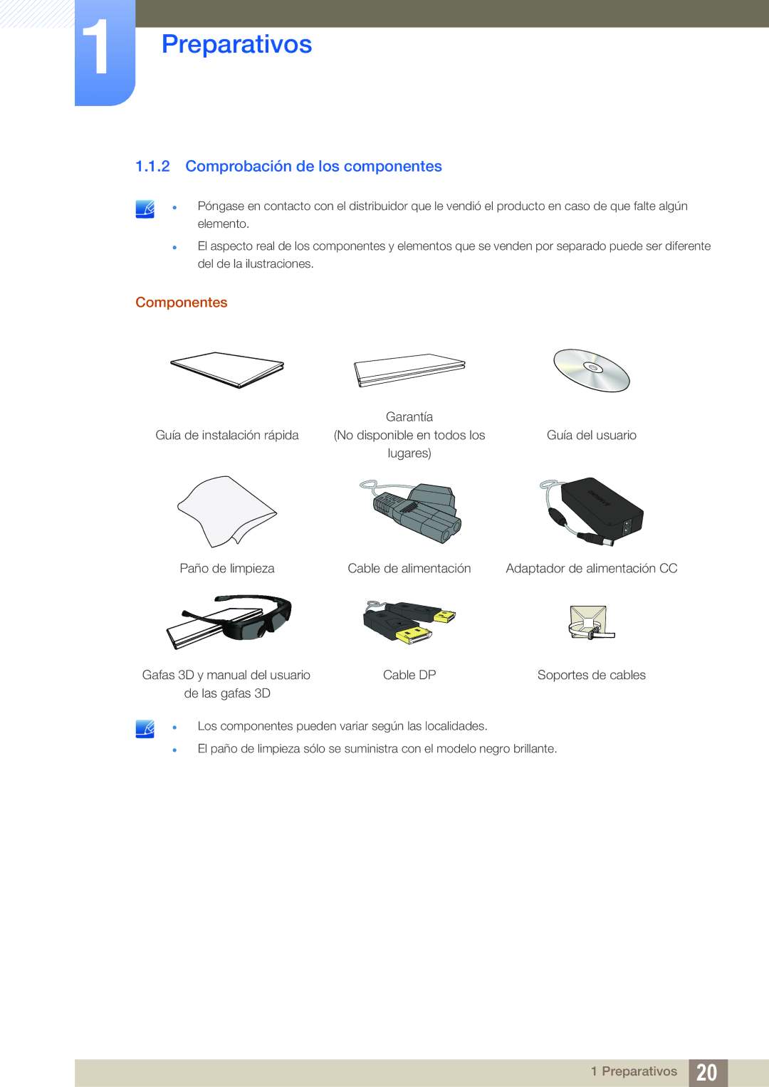 Samsung LS27A750DS/ZA, LS23A750DS/EN, LS27A750DSL/EN manual Comprobación de los componentes, Componentes 