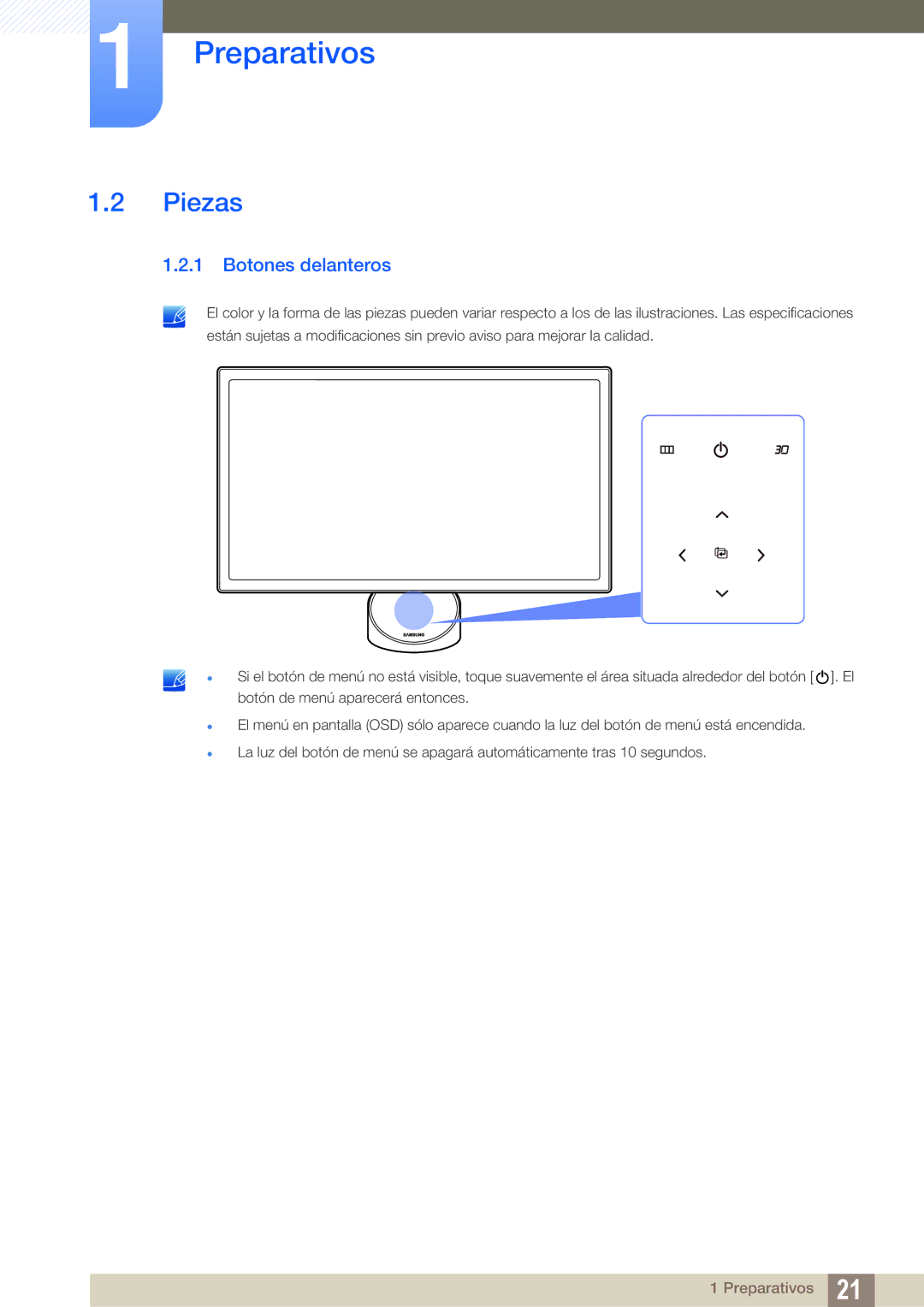 Samsung LS23A750DS/EN, LS27A750DSL/EN, LS27A750DS/ZA manual Piezas, Botones delanteros 