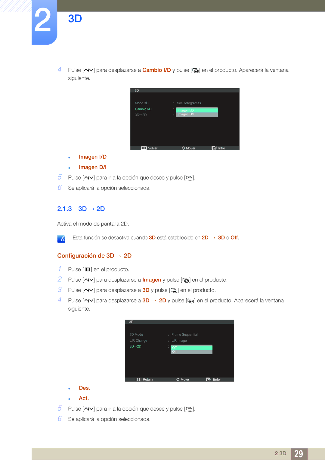 Samsung LS27A750DS/ZA, LS23A750DS/EN, LS27A750DSL/EN manual 3 3D → 2D, Configuración de 3D → 2D 