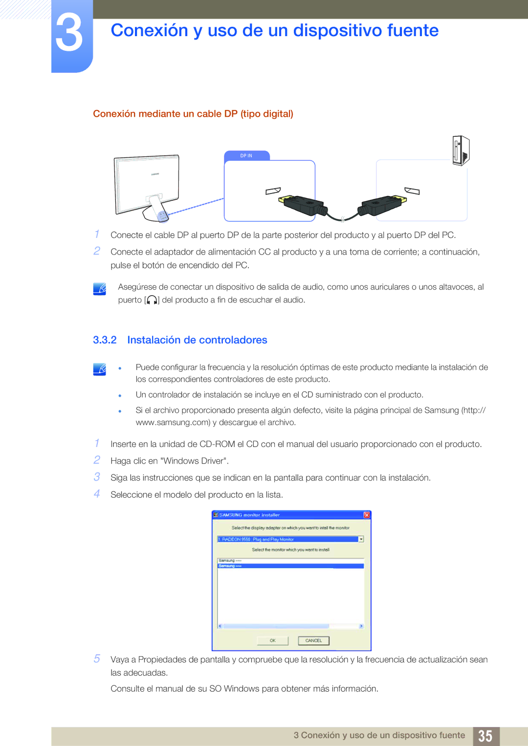 Samsung LS27A750DS/ZA, LS23A750DS/EN manual Instalación de controladores, Conexión mediante un cable DP tipo digital 