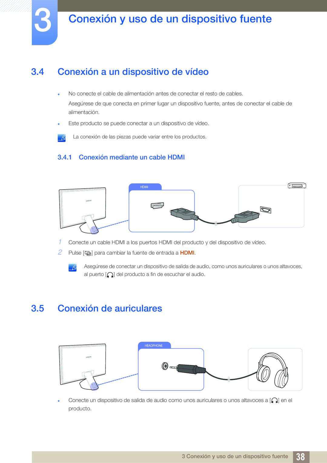 Samsung LS27A750DS/ZA manual Conexión a un dispositivo de vídeo, Conexión de auriculares, Conexión mediante un cable Hdmi 