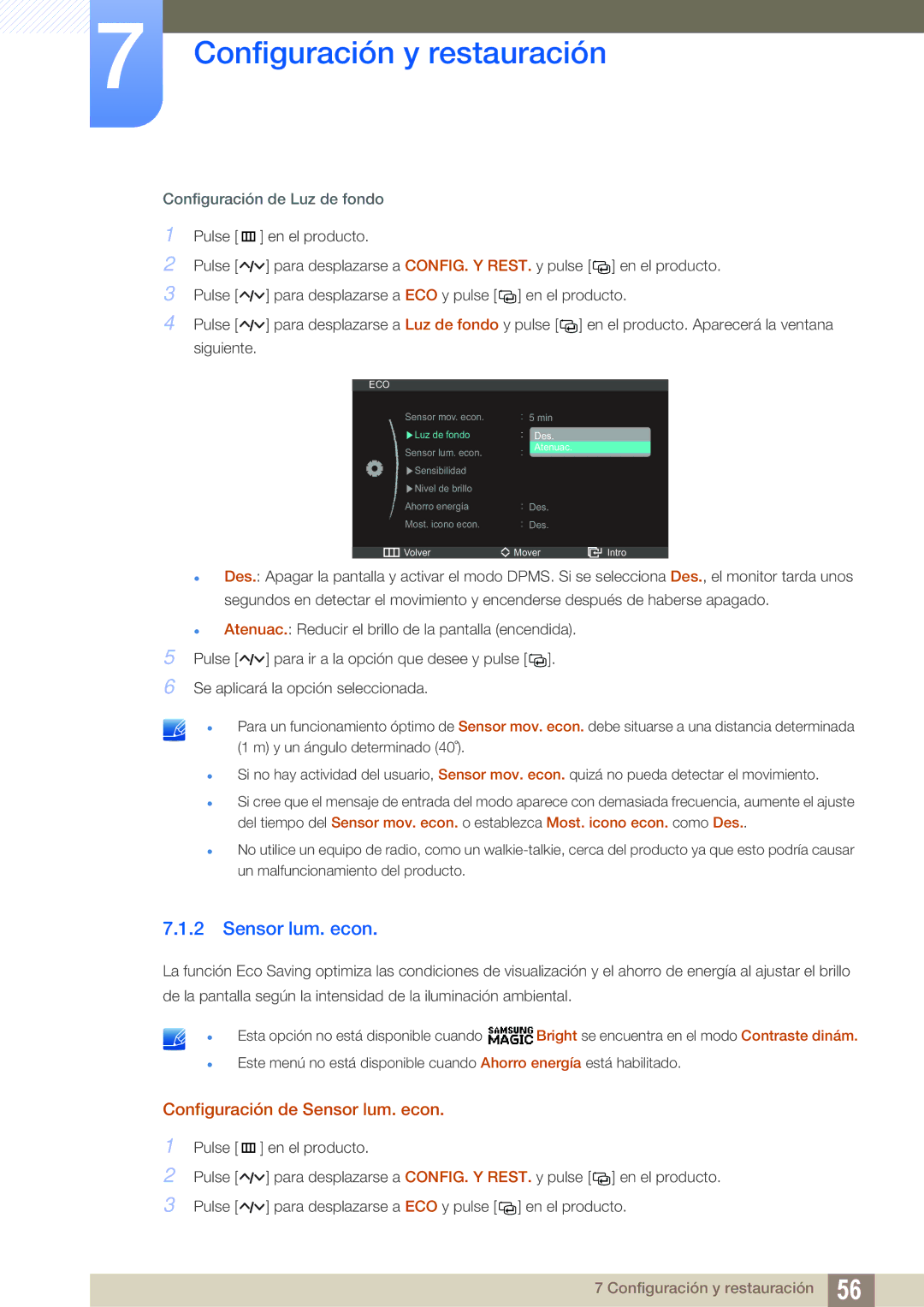 Samsung LS27A750DS/ZA, LS23A750DS/EN, LS27A750DSL/EN manual Configuración de Sensor lum. econ 