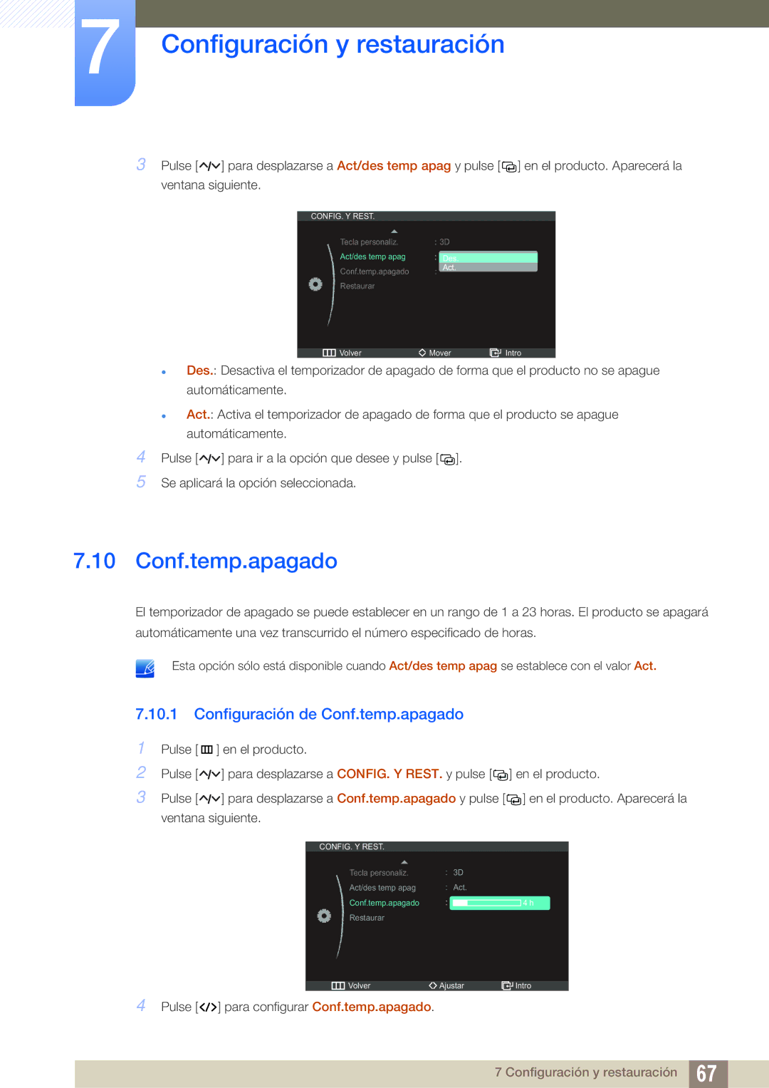 Samsung LS27A750DSL/EN, LS23A750DS/EN, LS27A750DS/ZA manual Configuración de Conf.temp.apagado 