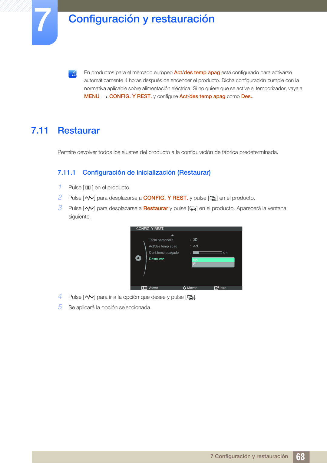 Samsung LS27A750DS/ZA, LS23A750DS/EN, LS27A750DSL/EN manual Configuración de inicialización Restaurar 