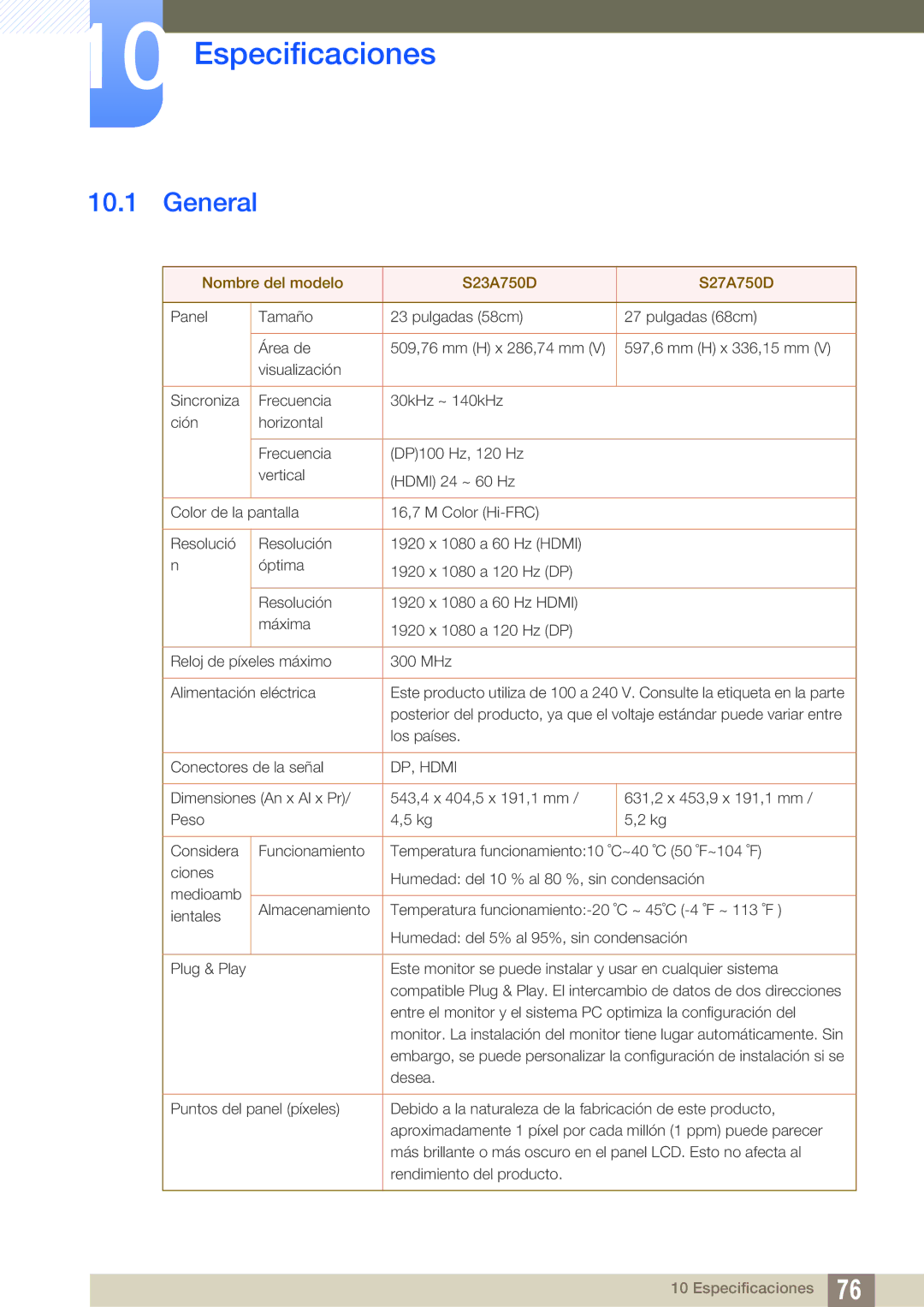 Samsung LS27A750DSL/EN, LS23A750DS/EN, LS27A750DS/ZA manual Especificaciones, General 