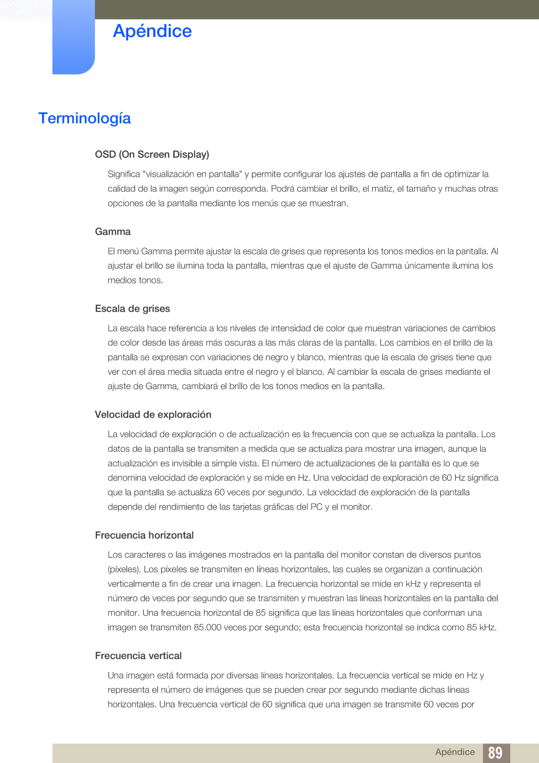 Samsung LS27A750DS/ZA, LS23A750DS/EN, LS27A750DSL/EN manual Terminología, OSD On Screen Display 