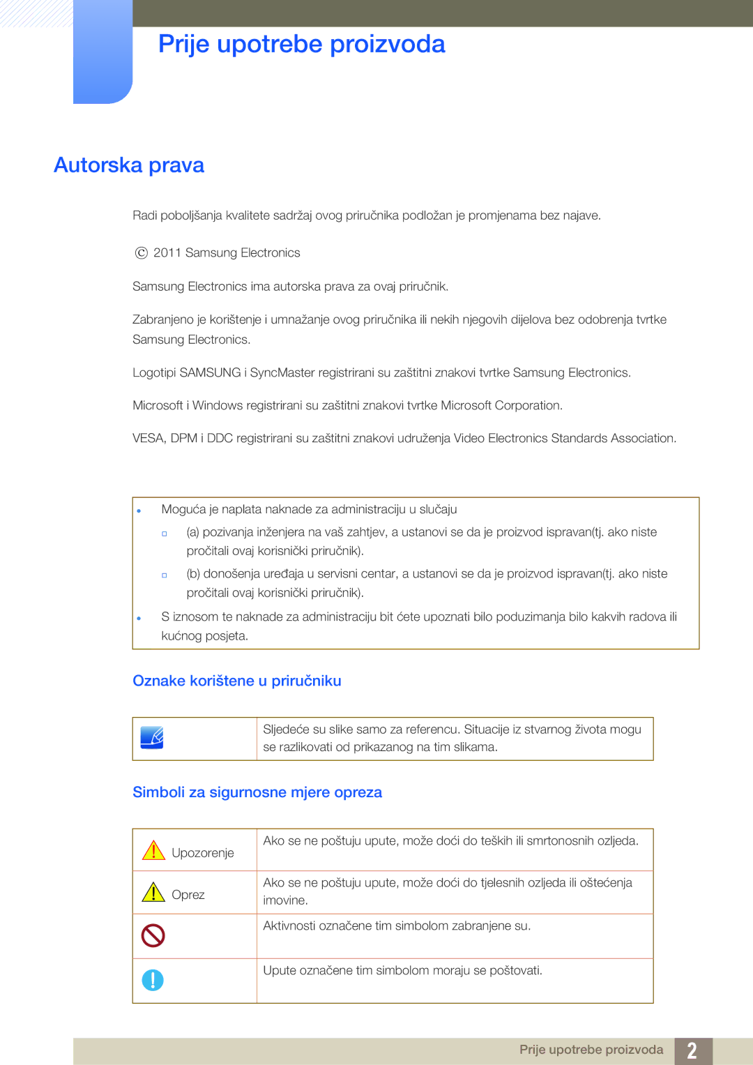 Samsung LS23A750DSL/EN manual Prije upotrebe proizvoda, Autorska prava, Oznake korištene u priručniku 