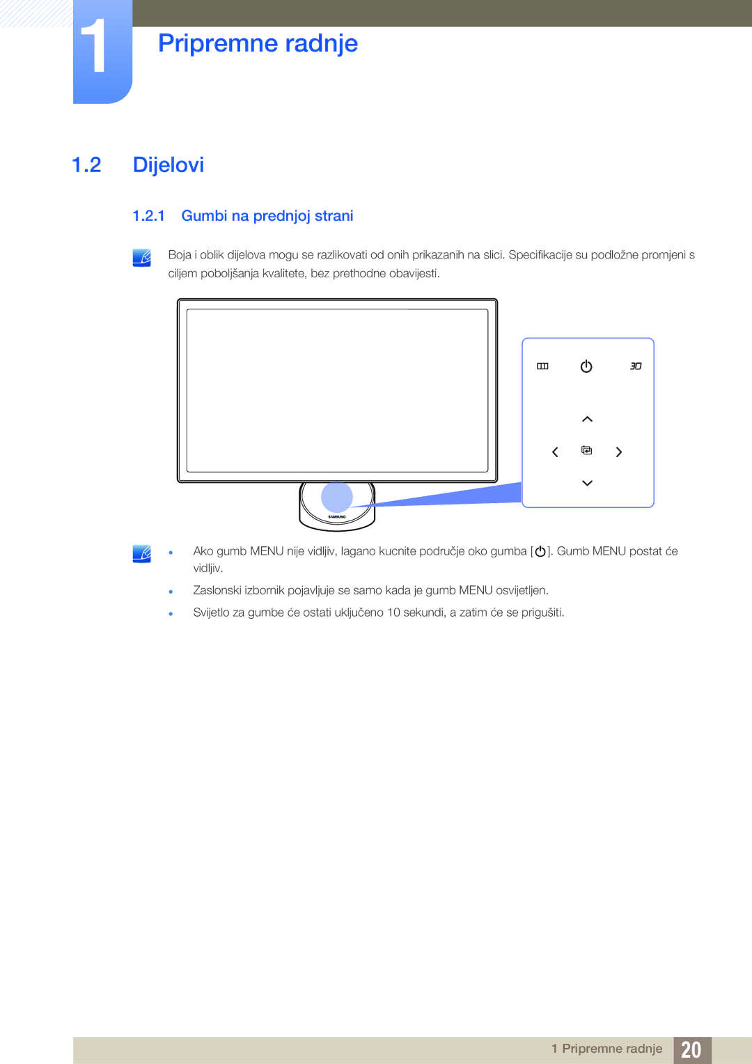 Samsung LS23A750DSL/EN manual Dijelovi, Gumbi na prednjoj strani 