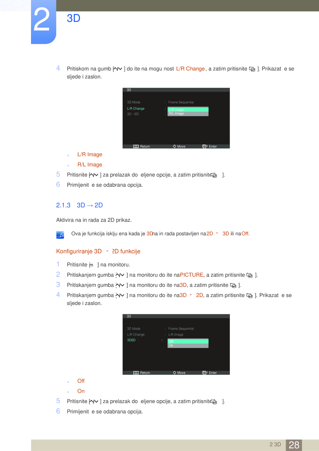 Samsung LS23A750DSL/EN manual 3 3D → 2D, Konfiguriranje 3D → 2D funkcije 