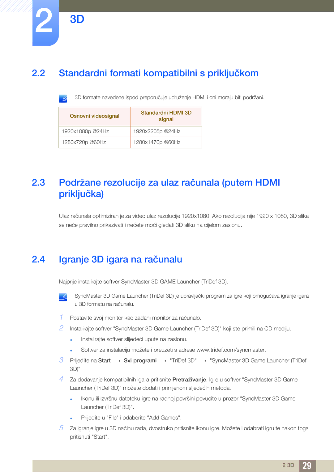 Samsung LS23A750DSL/EN manual Standardni formati kompatibilni s priključkom, Igranje 3D igara na računalu 