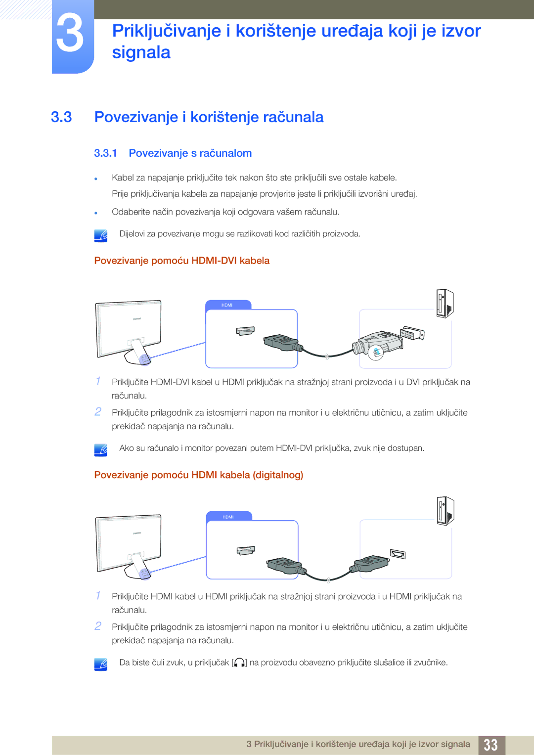 Samsung LS23A750DSL/EN Povezivanje i korištenje računala, Povezivanje s računalom, Povezivanje pomoću HDMI-DVI kabela 