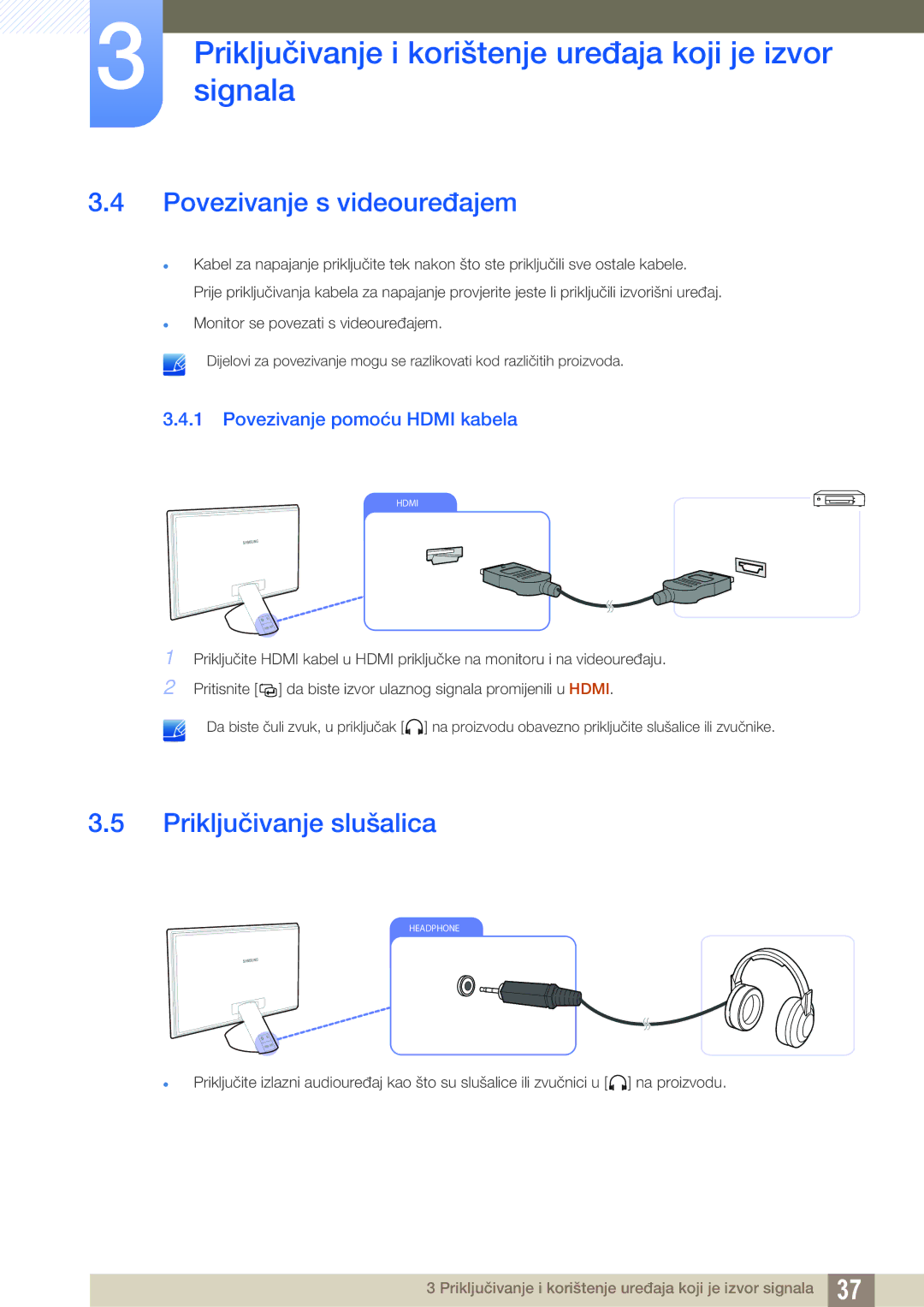 Samsung LS23A750DSL/EN manual Povezivanje s videouređajem, Priključivanje slušalica, Povezivanje pomoću Hdmi kabela 