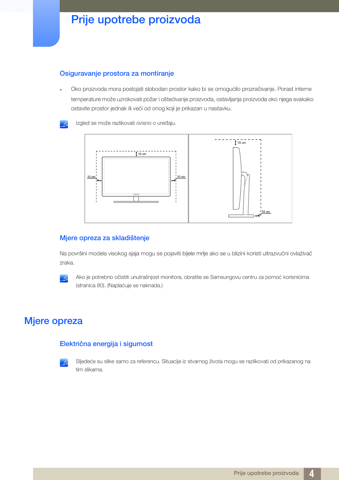 Samsung LS23A750DSL/EN manual Osiguravanje prostora za montiranje, Mjere opreza za skladištenje 