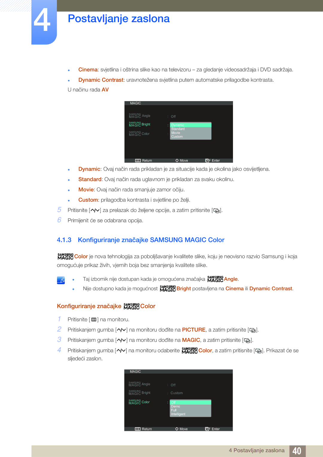 Samsung LS23A750DSL/EN manual Konfiguriranje značajke Samsung Magic Color, Konfiguriranje značajke Color 