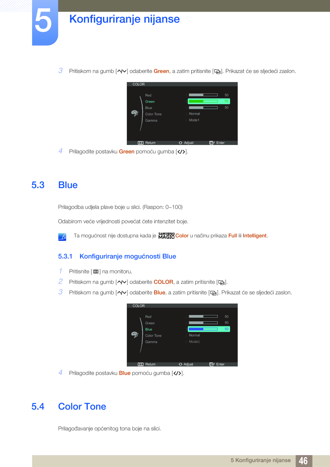 Samsung LS23A750DSL/EN manual Color Tone, Konfiguriranje mogućnosti Blue 