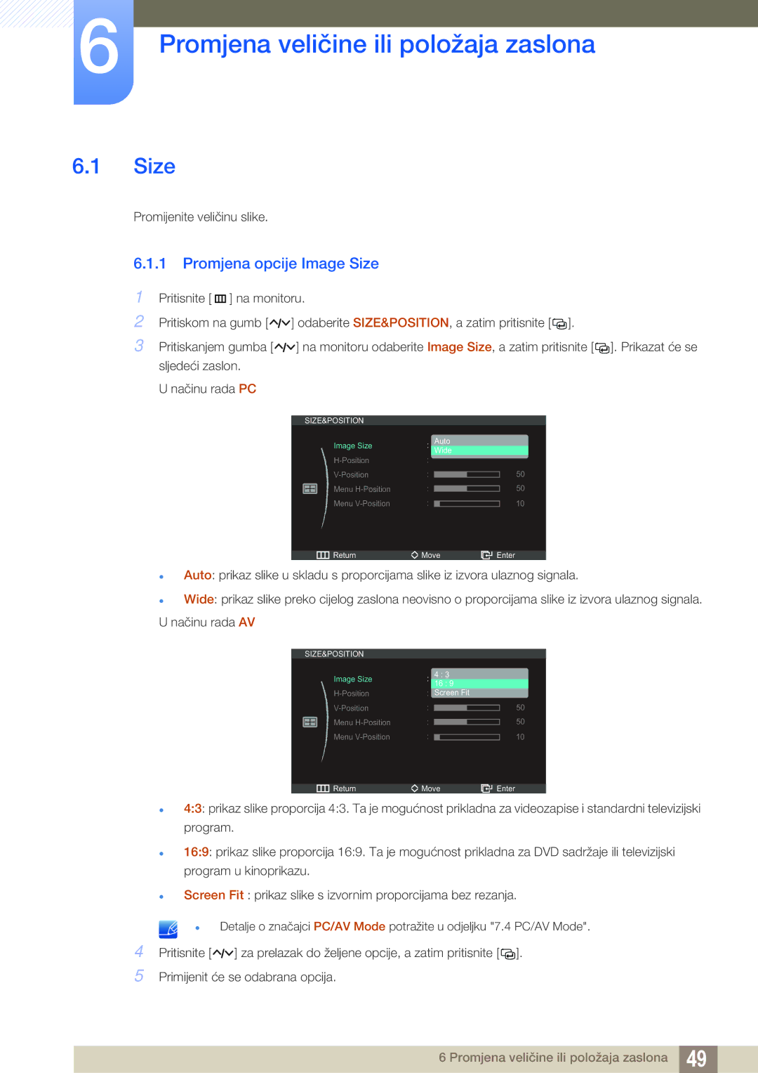 Samsung LS23A750DSL/EN manual Promjena veličine ili položaja zaslona, Promjena opcije Image Size 