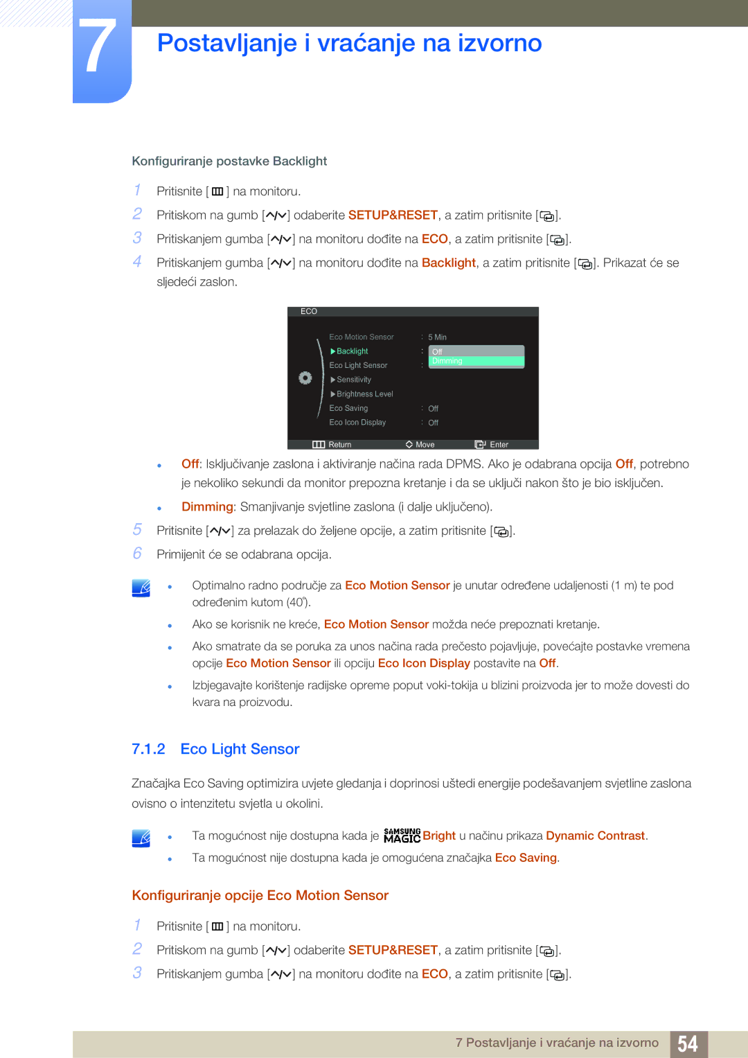 Samsung LS23A750DSL/EN manual Eco Light Sensor, Konfiguriranje postavke Backlight 