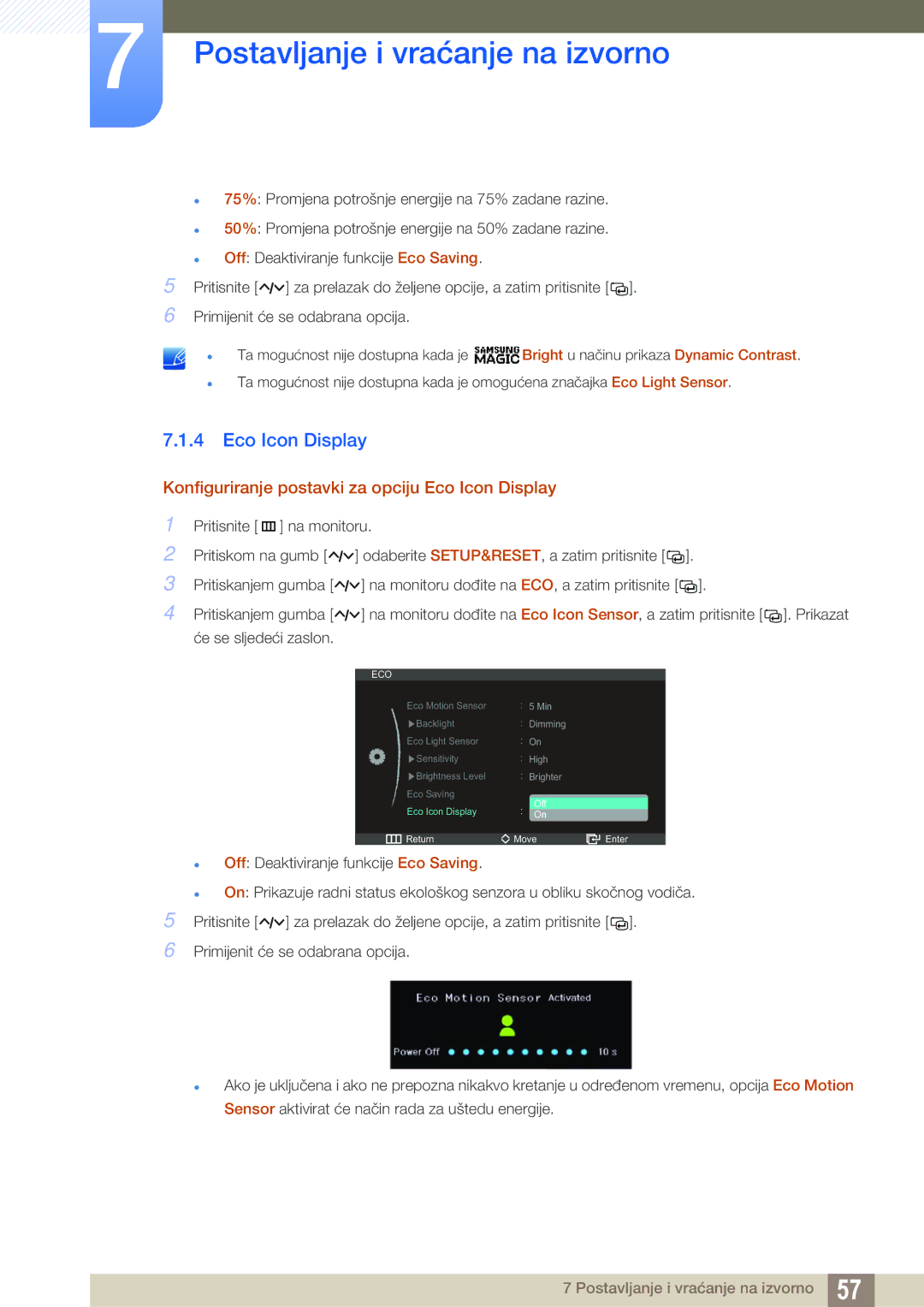 Samsung LS23A750DSL/EN manual Konfiguriranje postavki za opciju Eco Icon Display 