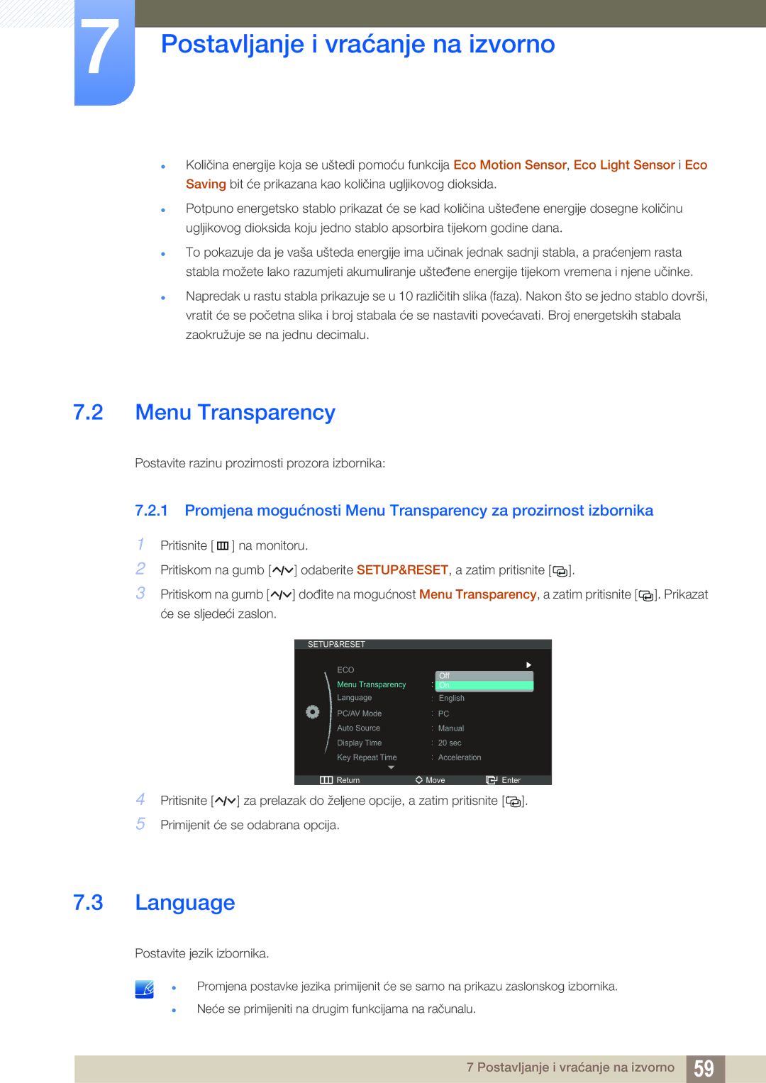 Samsung LS23A750DSL/EN manual Menu Transparency, Language 