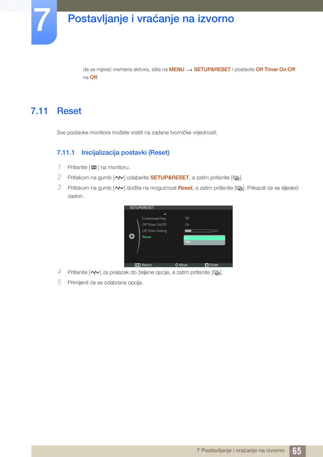 Samsung LS23A750DSL/EN manual Inicijalizacija postavki Reset 