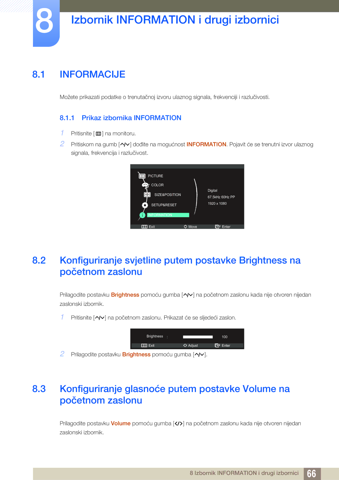 Samsung LS23A750DSL/EN manual Izbornik Information i drugi izbornici, Prikaz izbornika Information 